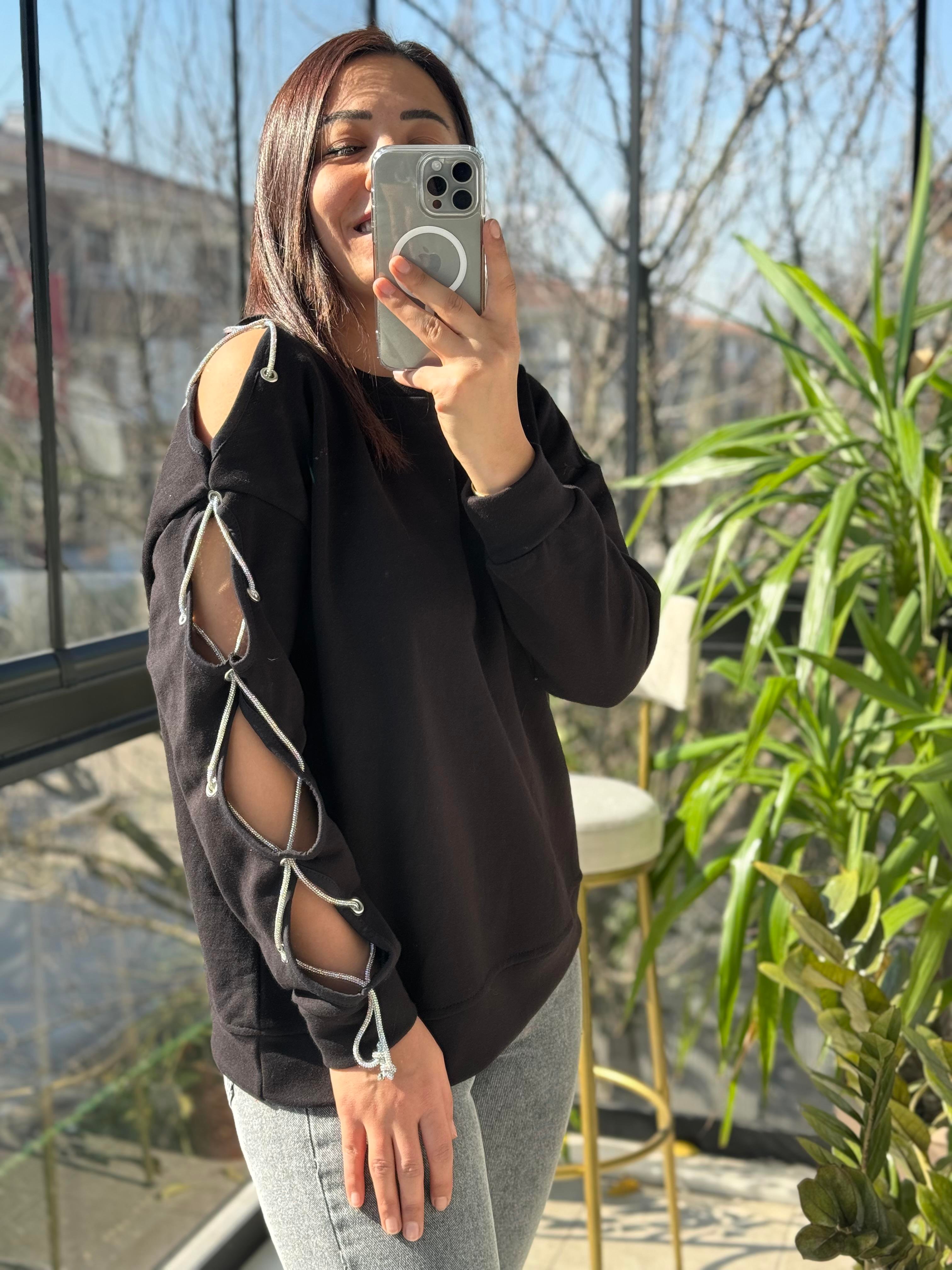 Kuş Gözlü Sweatshirt Siyah