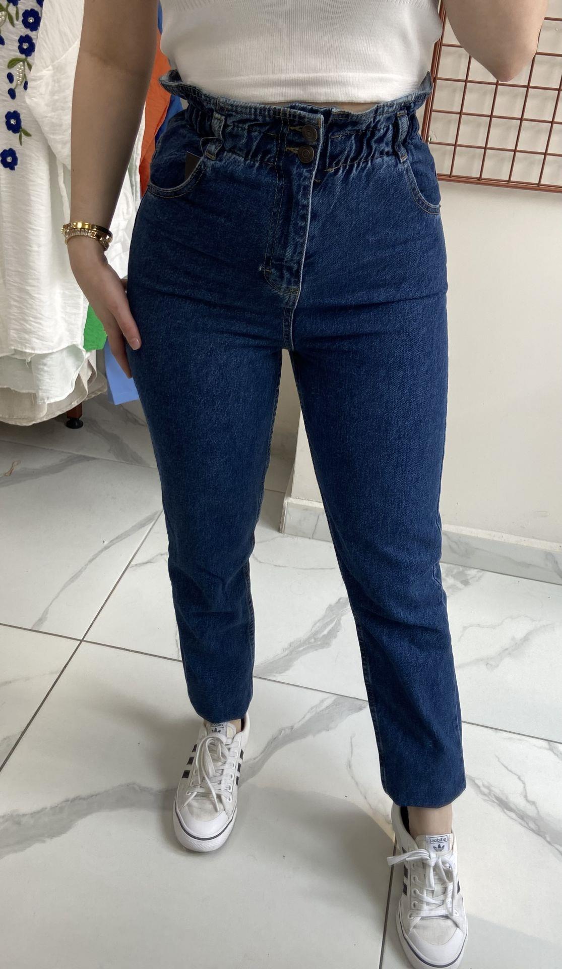 Lacivert Beli Lastikli Mom jean