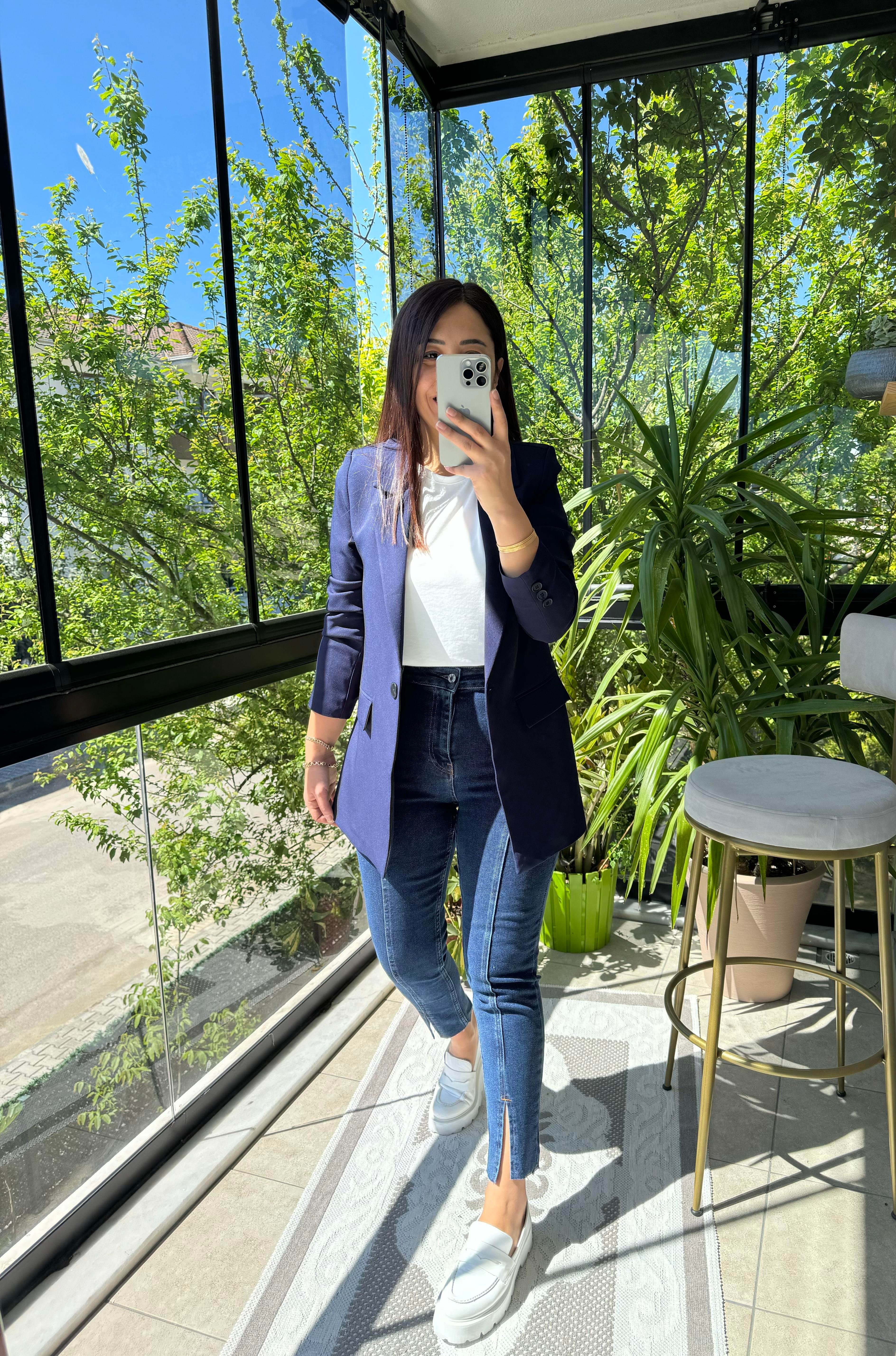 Lacivert Tek Düğme Blazer Ceket
