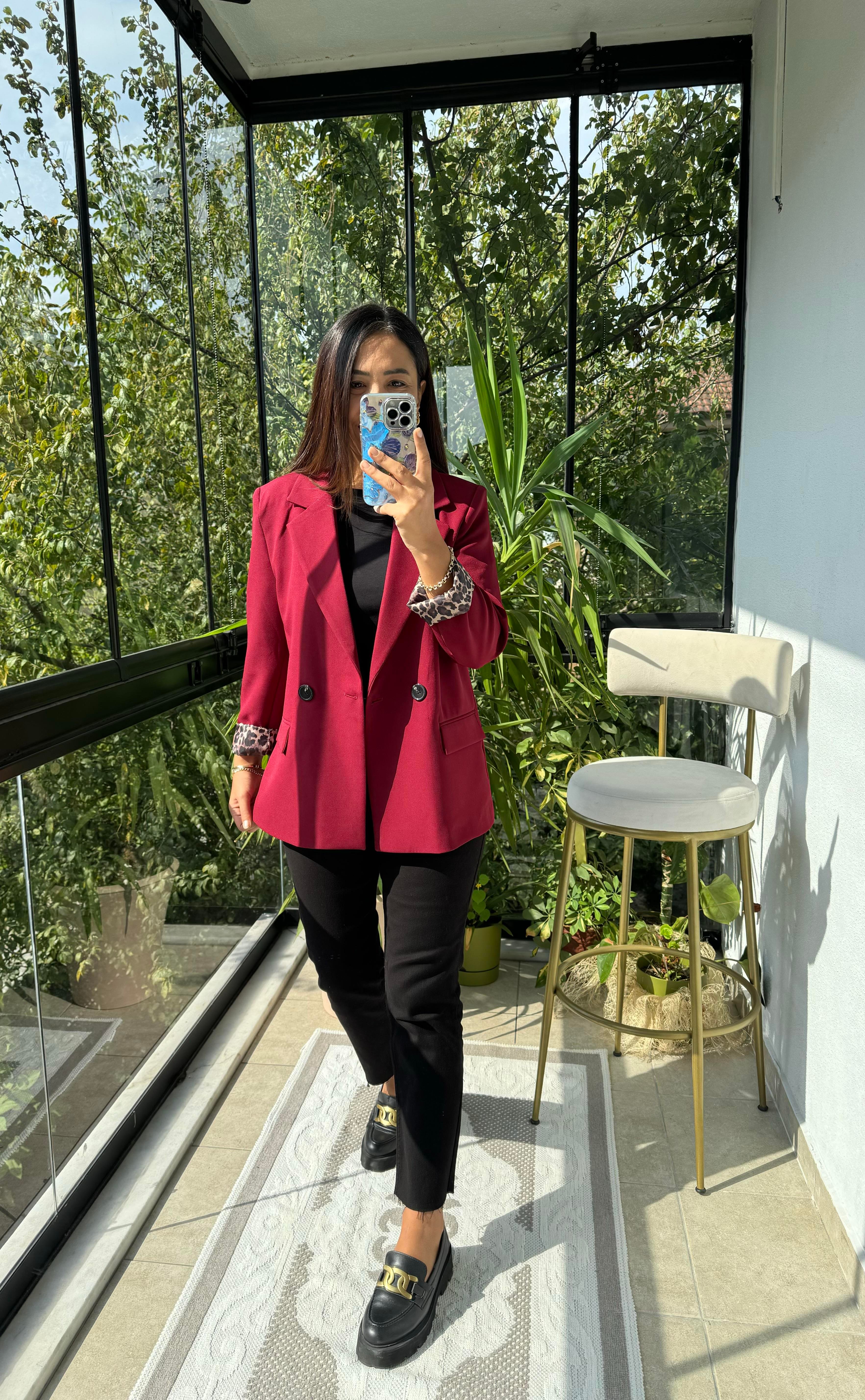 Leopar Astarlı Blazer Ceket Bordo