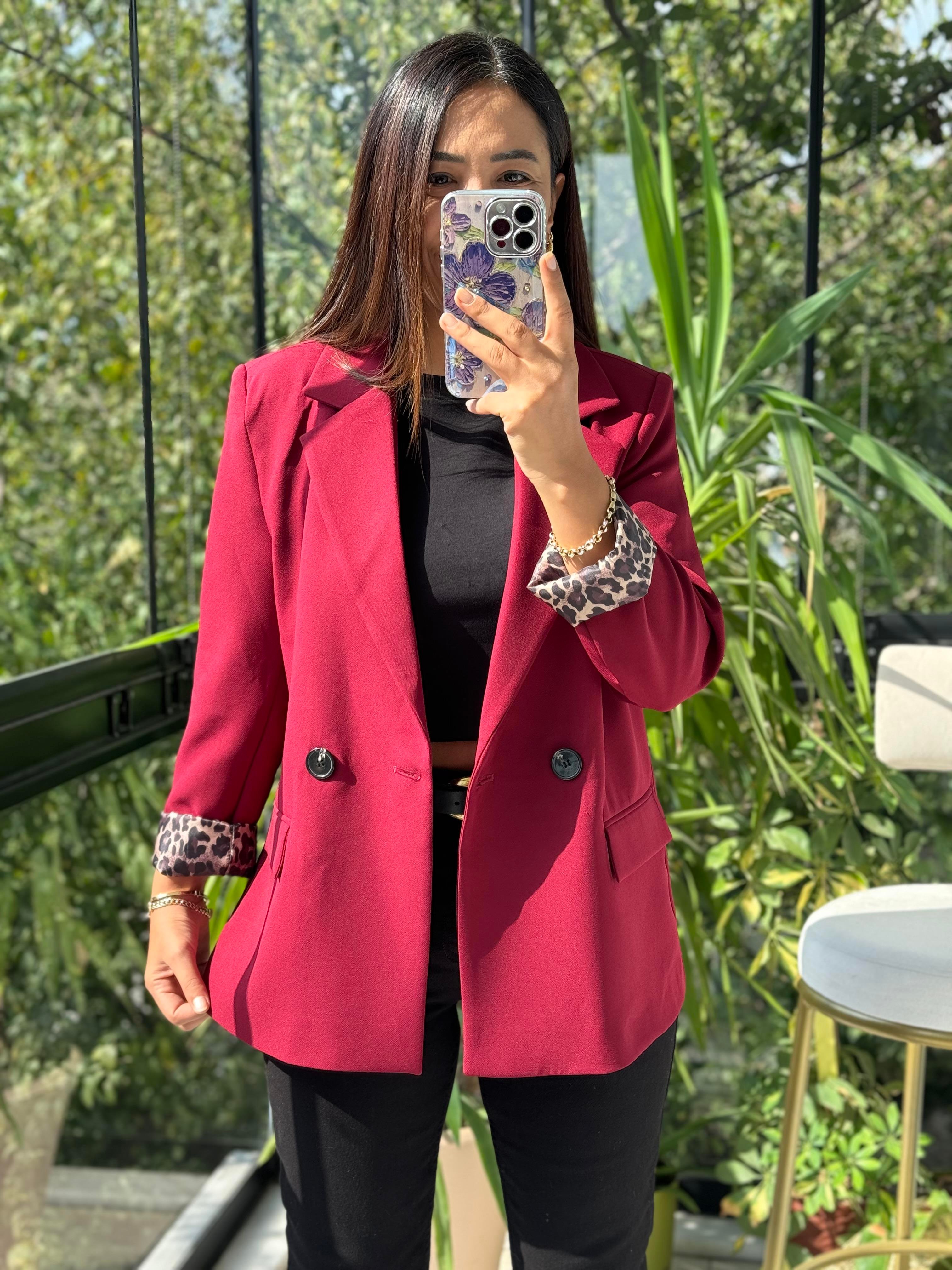 Leopar Astarlı Blazer Ceket Bordo