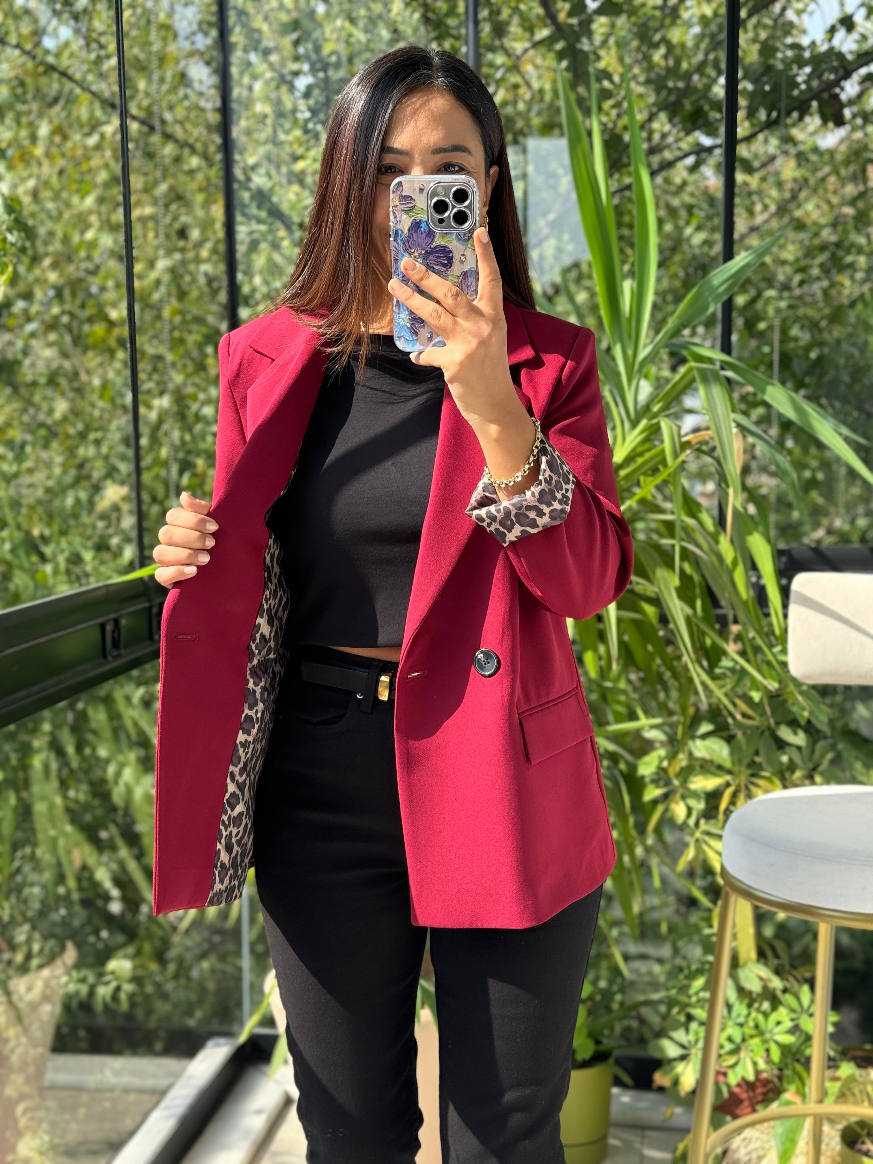 Leopar Astarlı Blazer Ceket Bordo