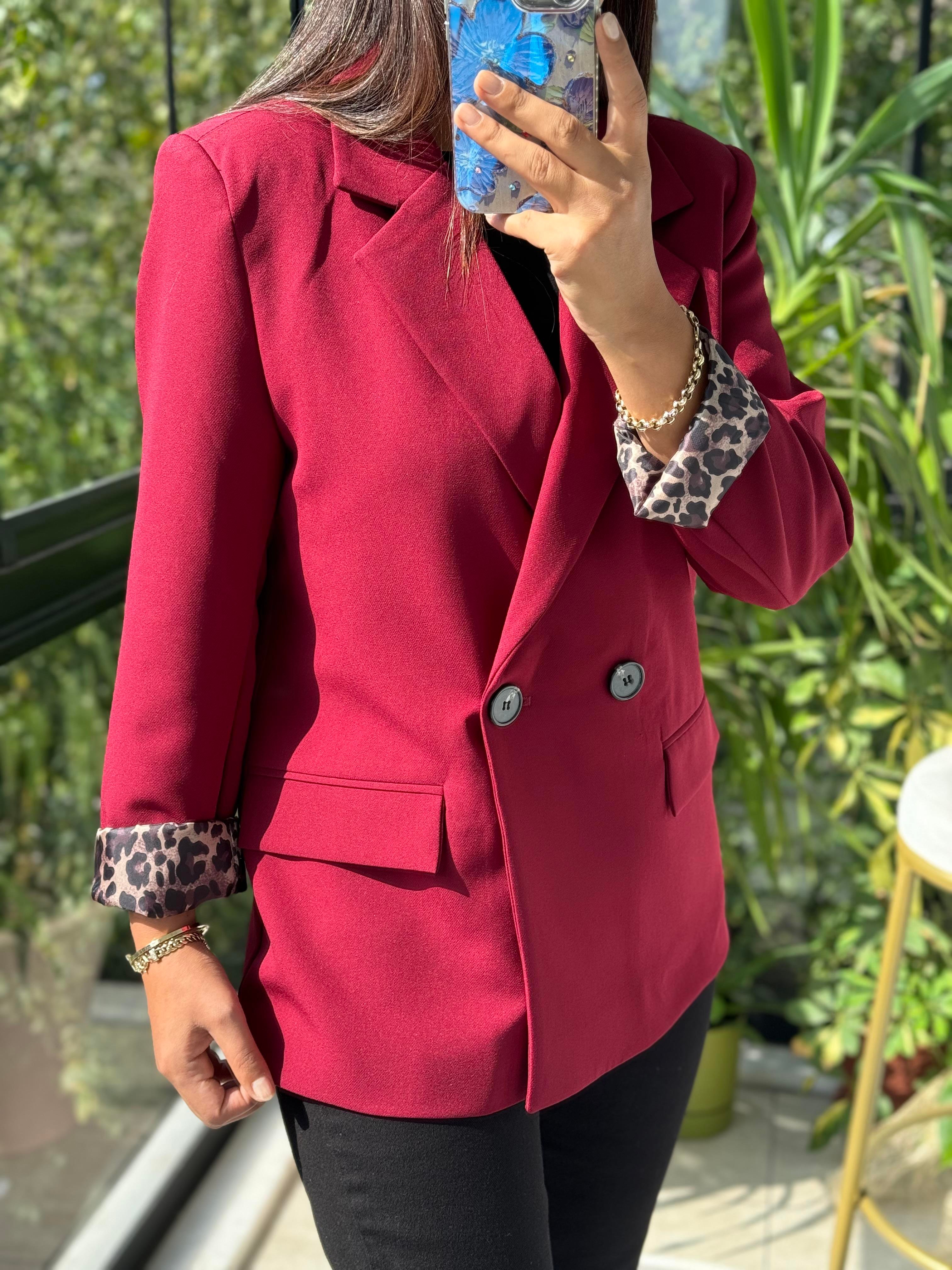 Leopar Astarlı Blazer Ceket Bordo