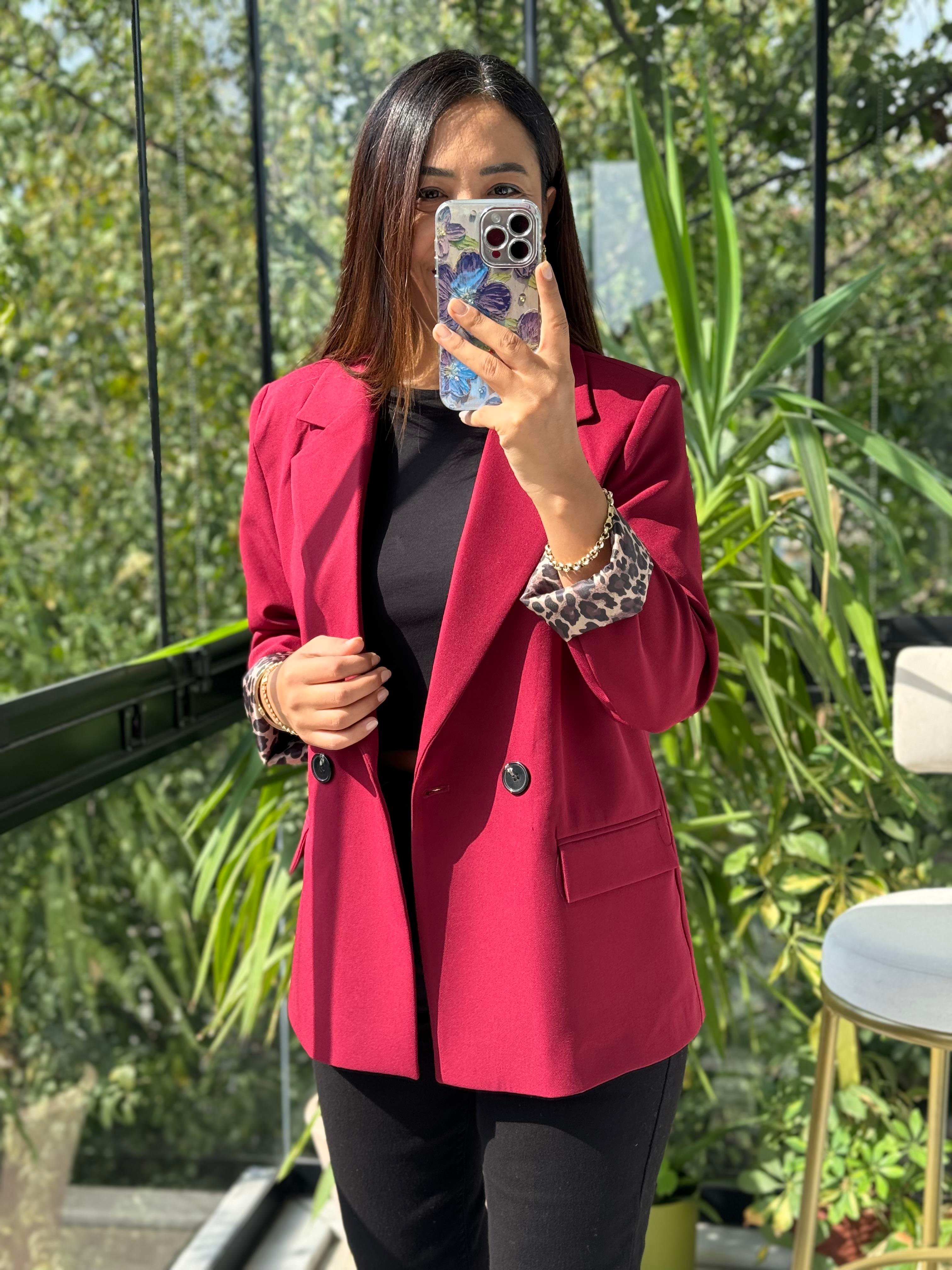 Leopar Astarlı Blazer Ceket Bordo