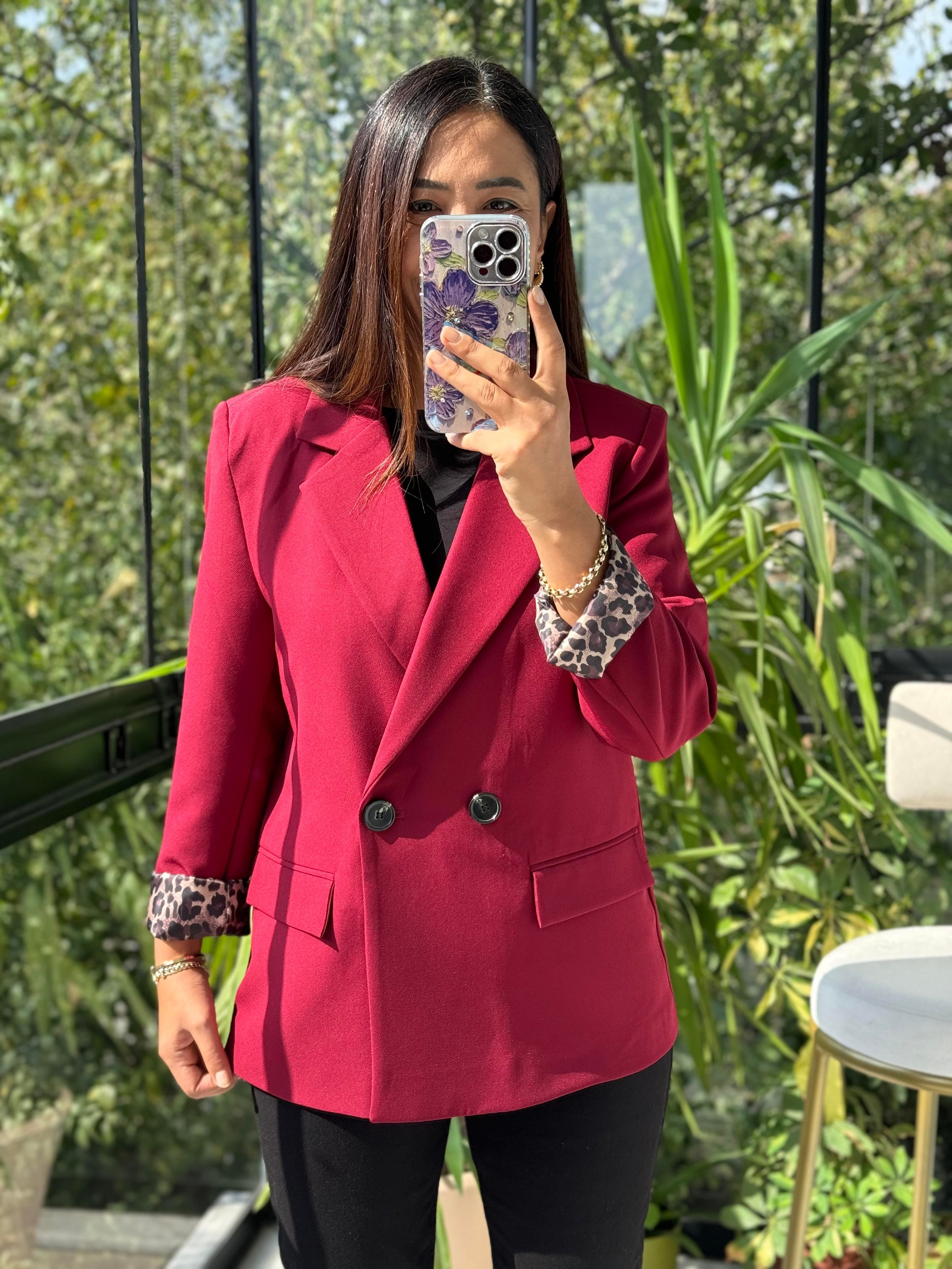 Leopar Astarlı Blazer Ceket Bordo