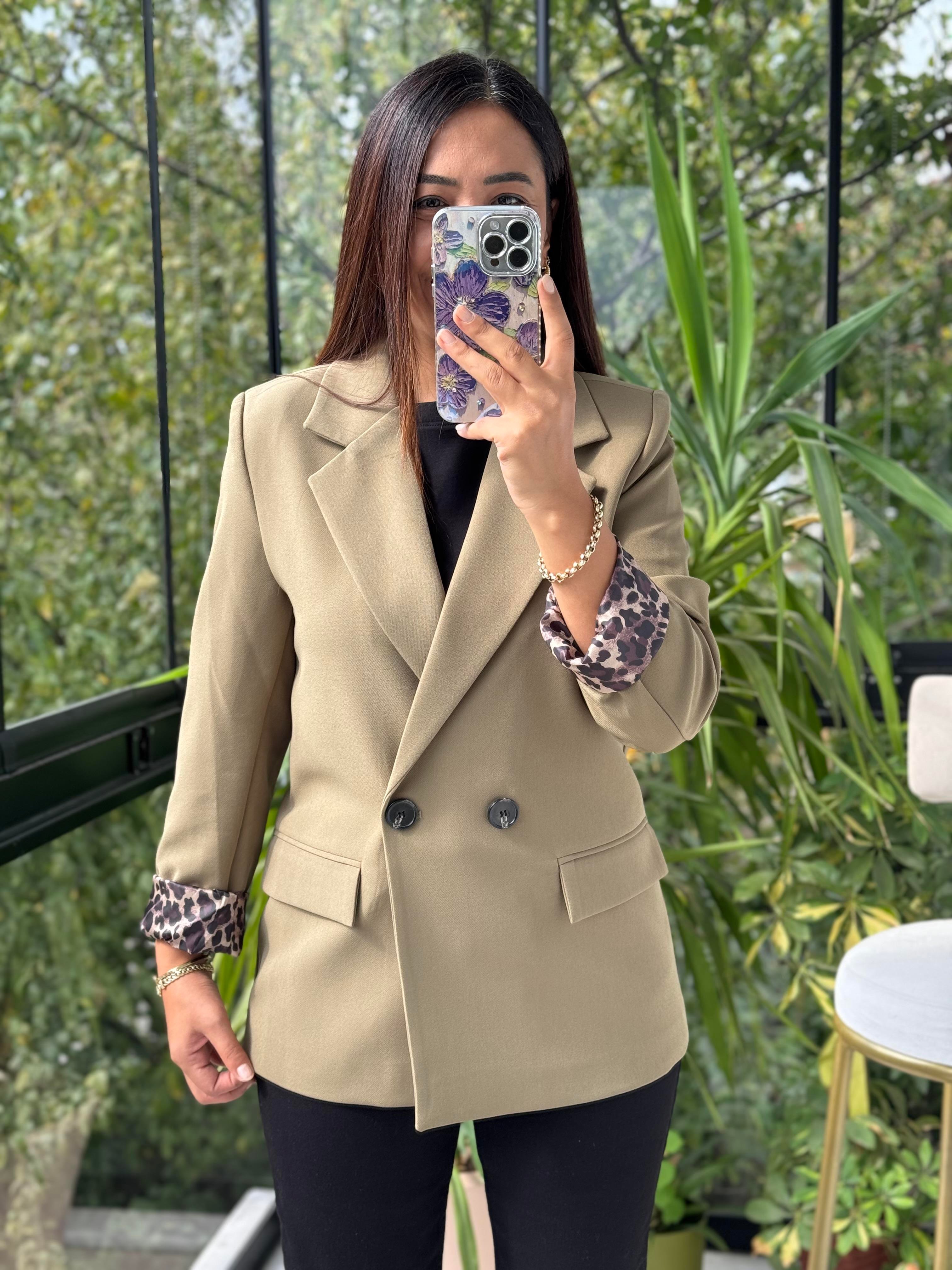 Leopar Astarlı Blazer Ceket Haki Yeşili