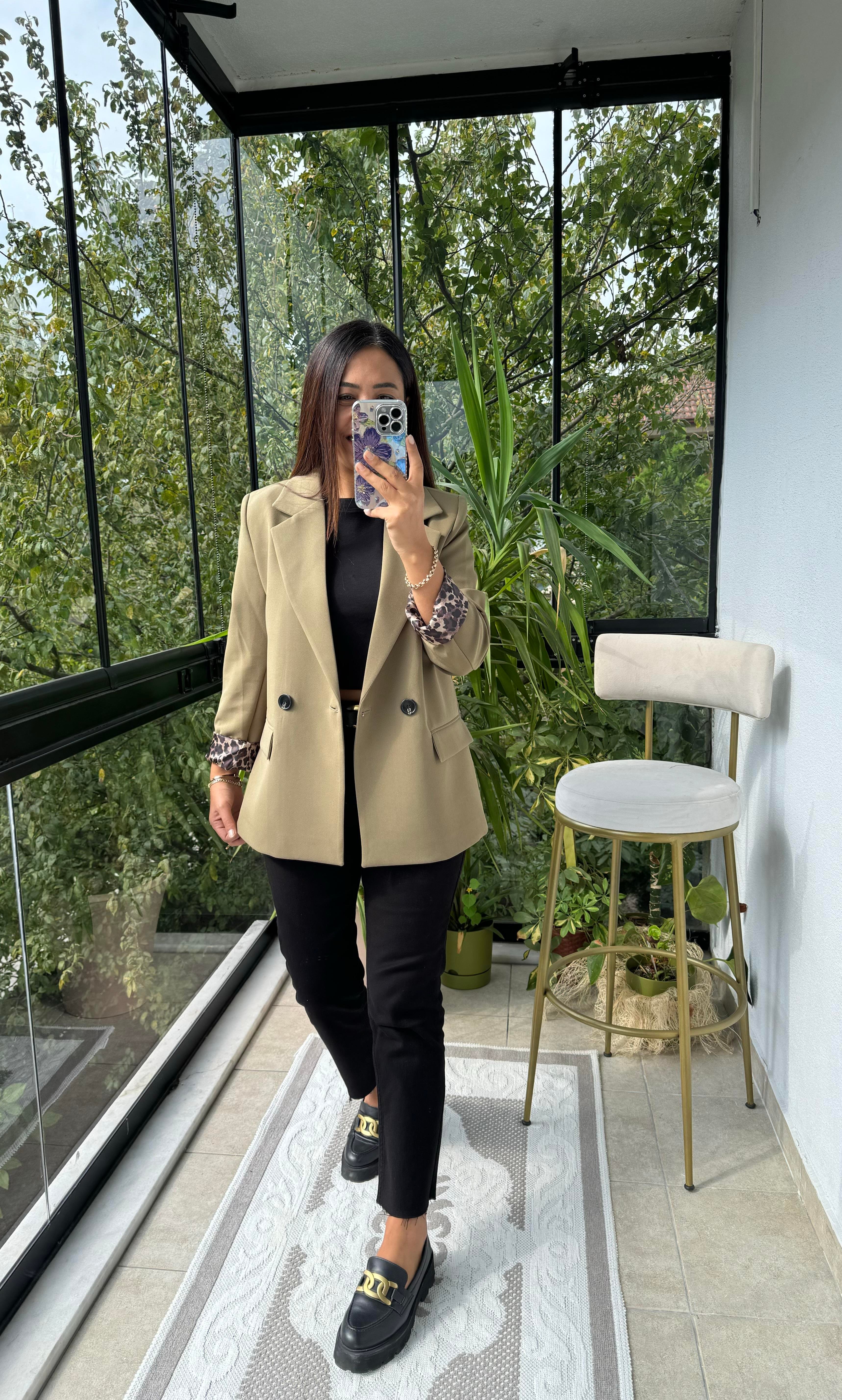 Leopar Astarlı Blazer Ceket Haki Yeşili