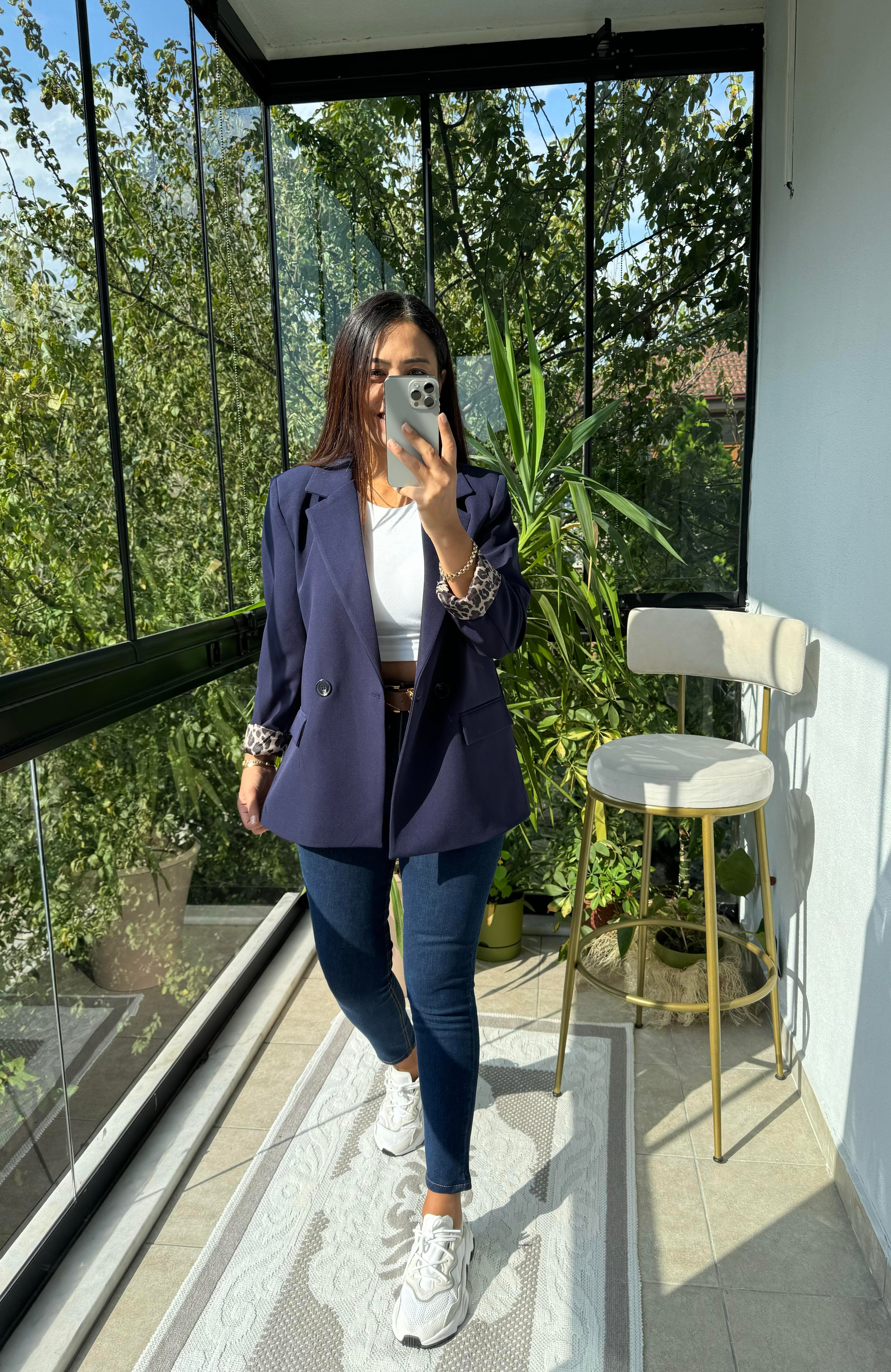 Leopar Astarlı Blazer Ceket Lacivert