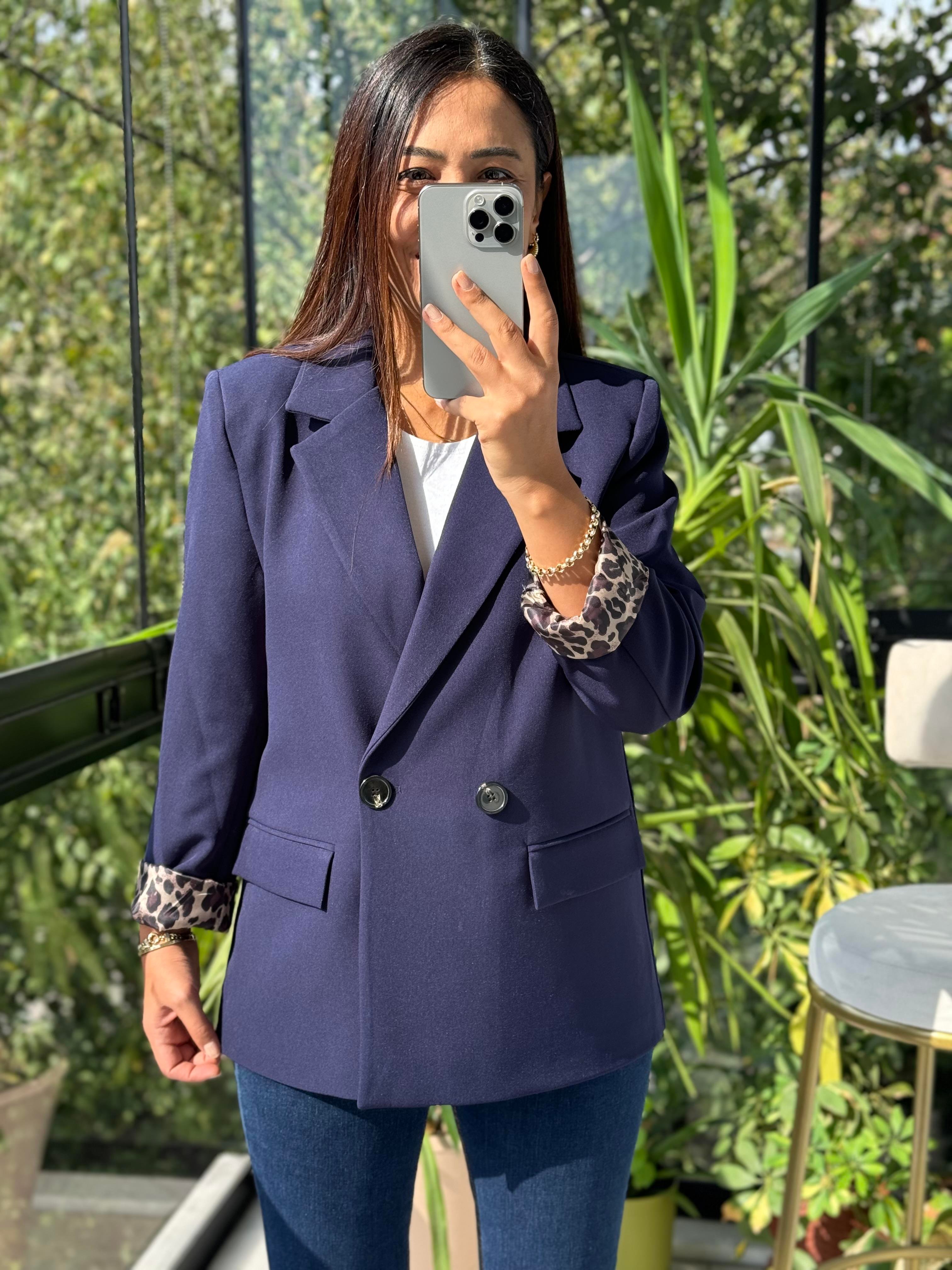 Leopar Astarlı Blazer Ceket Lacivert