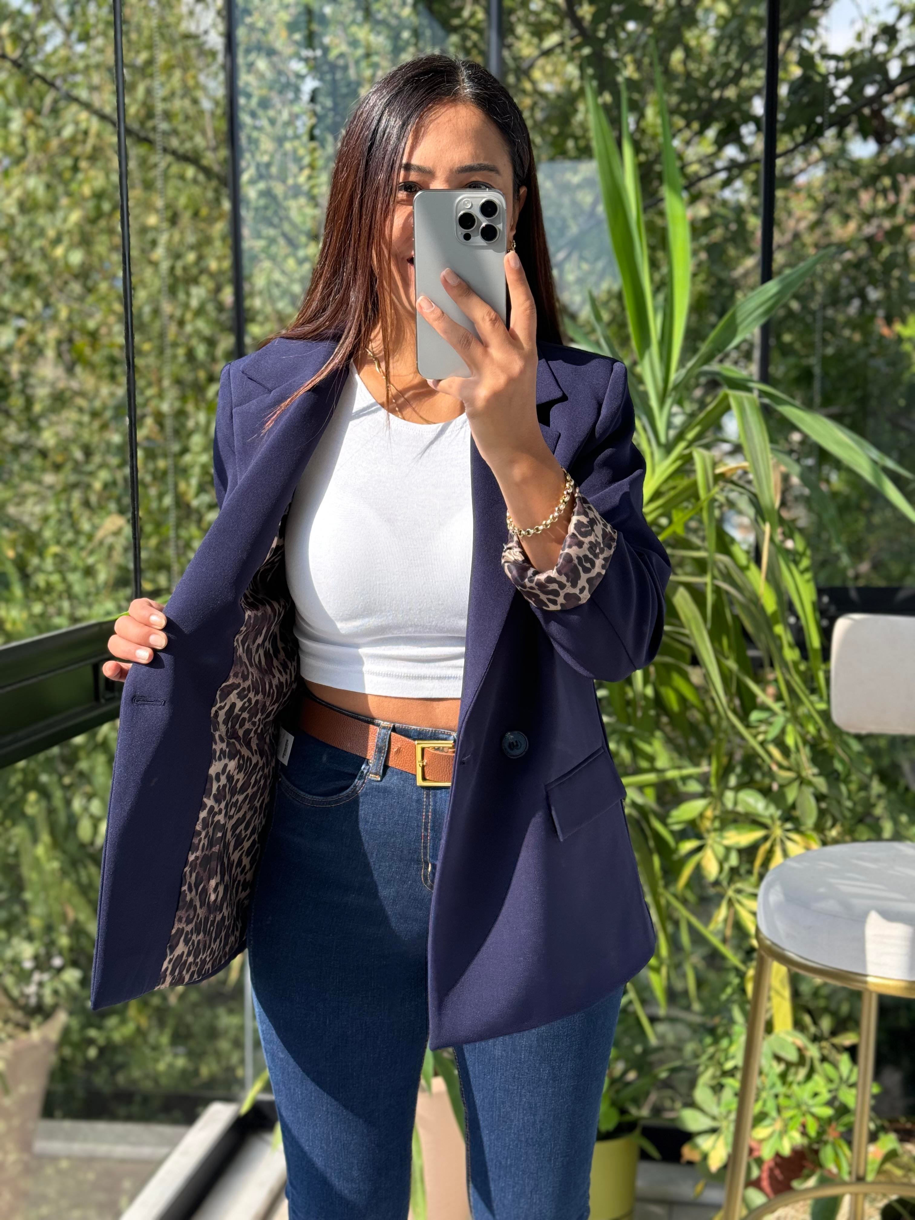 Leopar Astarlı Blazer Ceket Lacivert