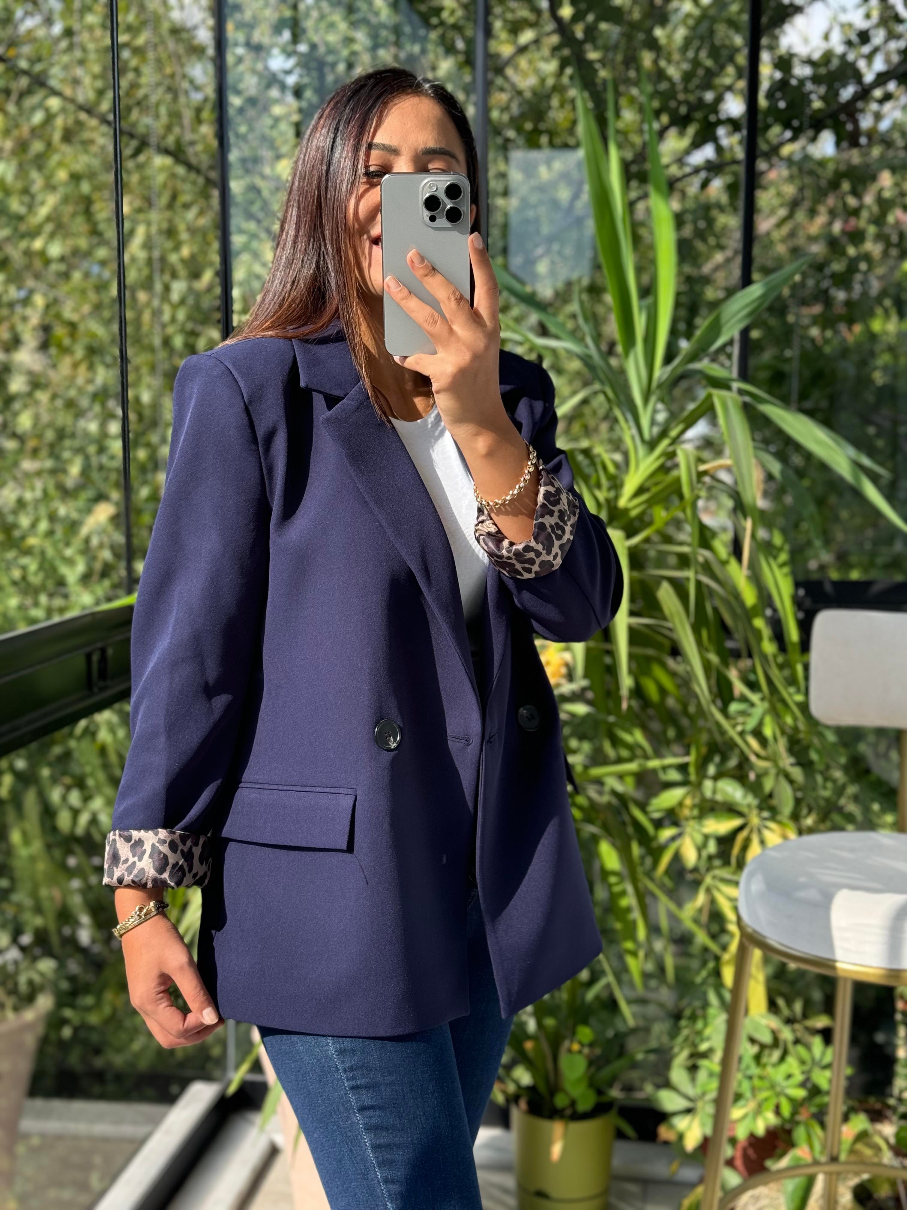 Leopar Astarlı Blazer Ceket Lacivert