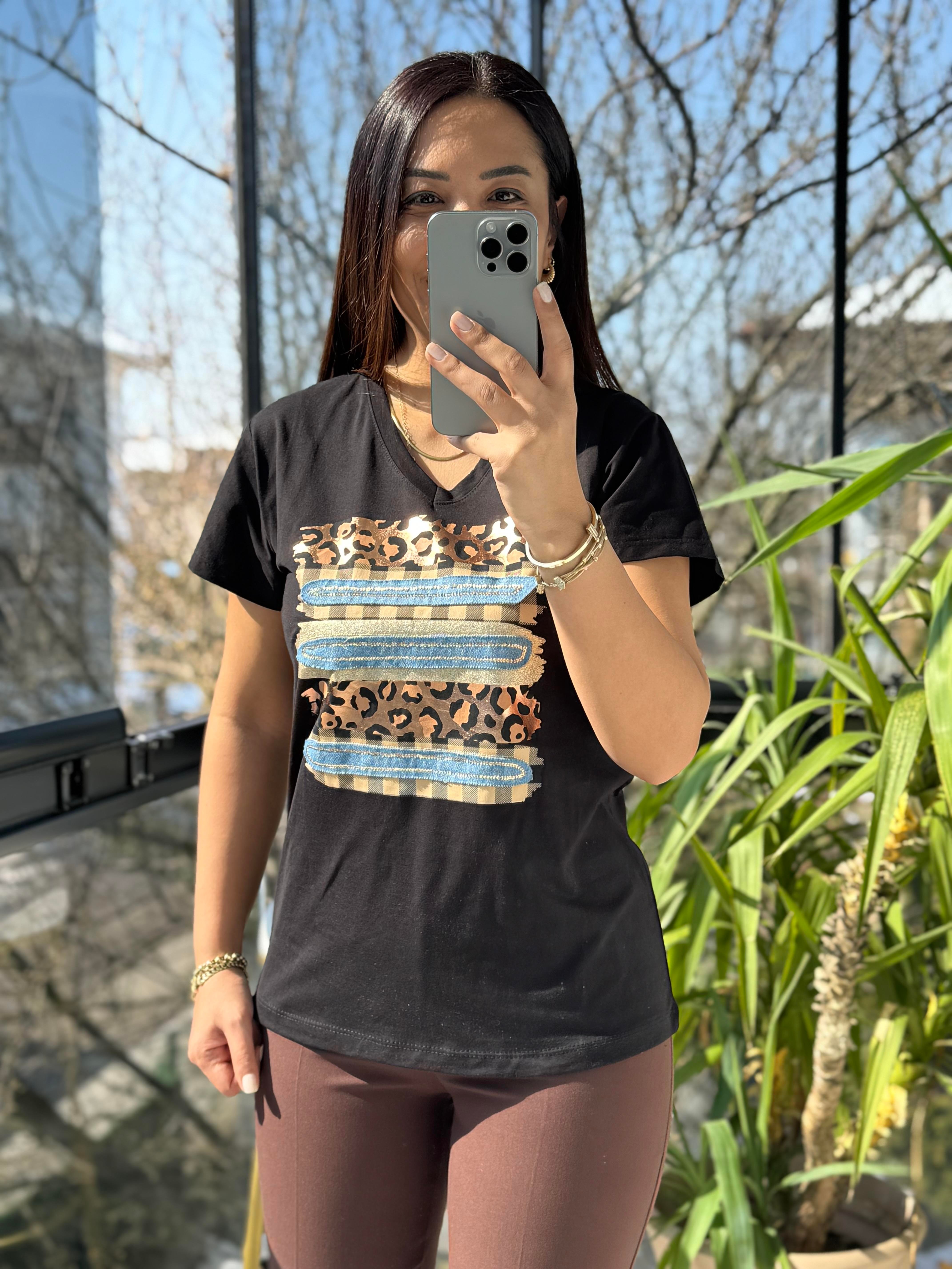 Leopar Baskı Dokuma Detaylı Tişört Siyah