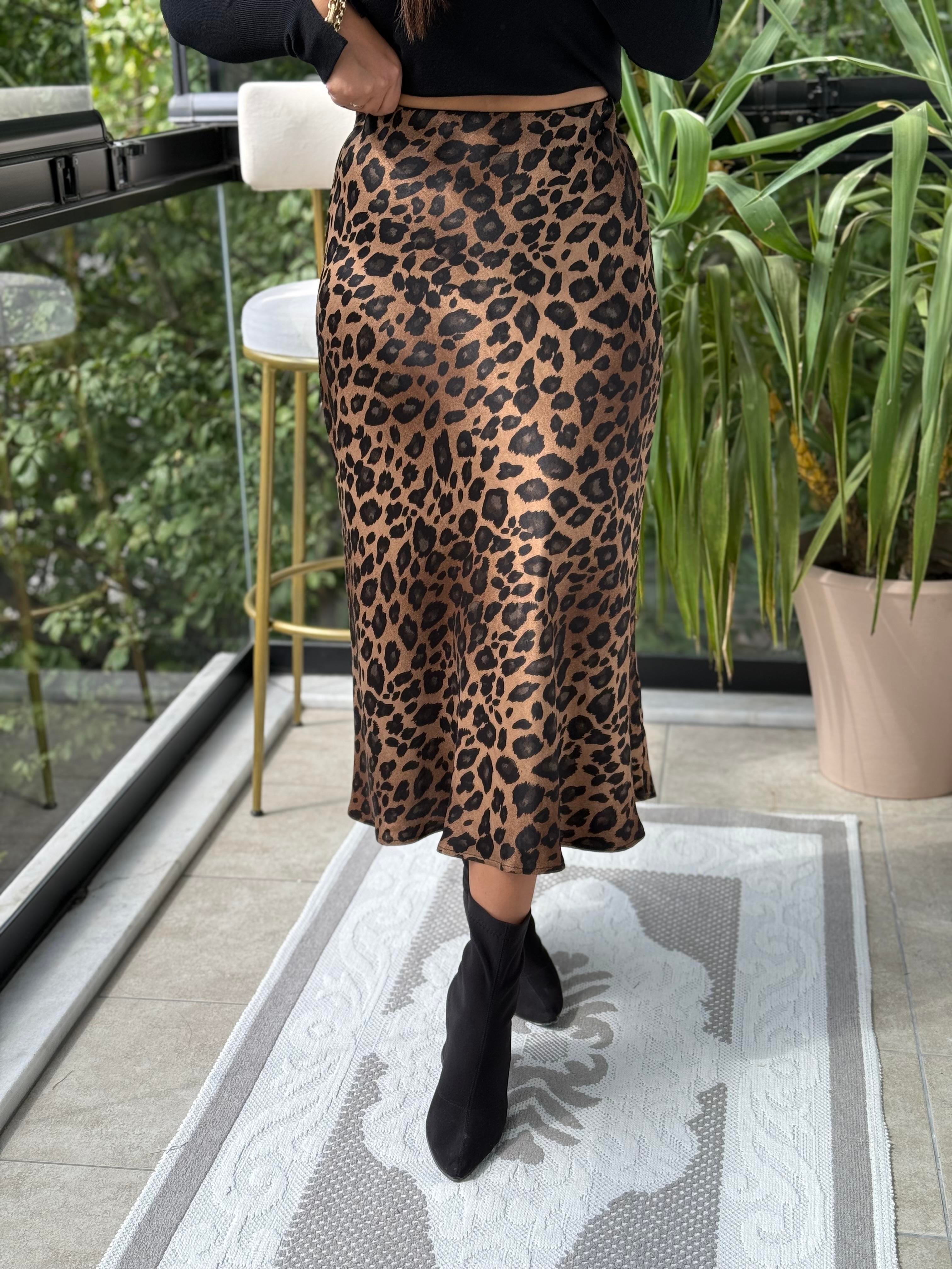 Leopar Desenli Saten Etek Kahve