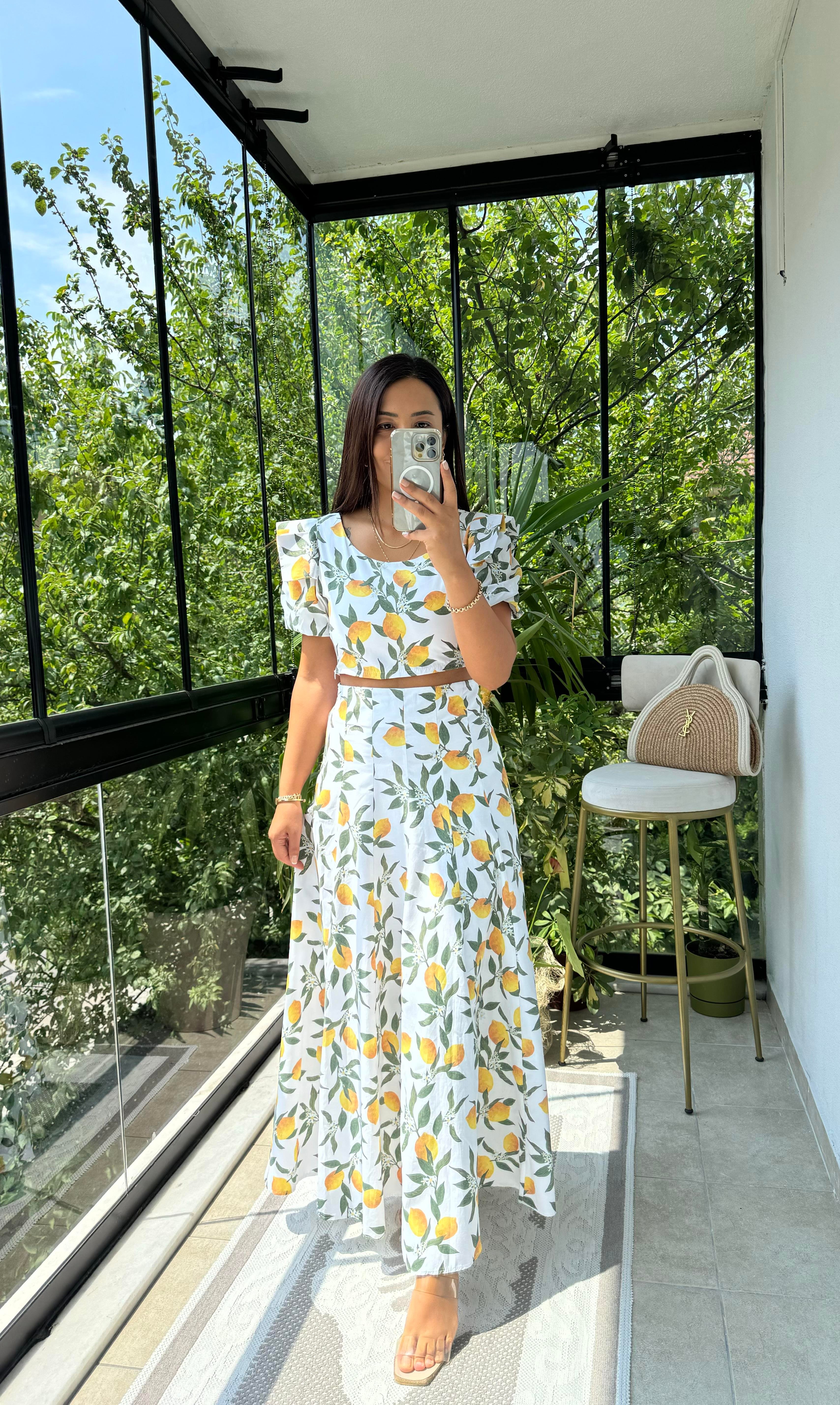 Limon Desenli Crop Etek Takım Beyaz