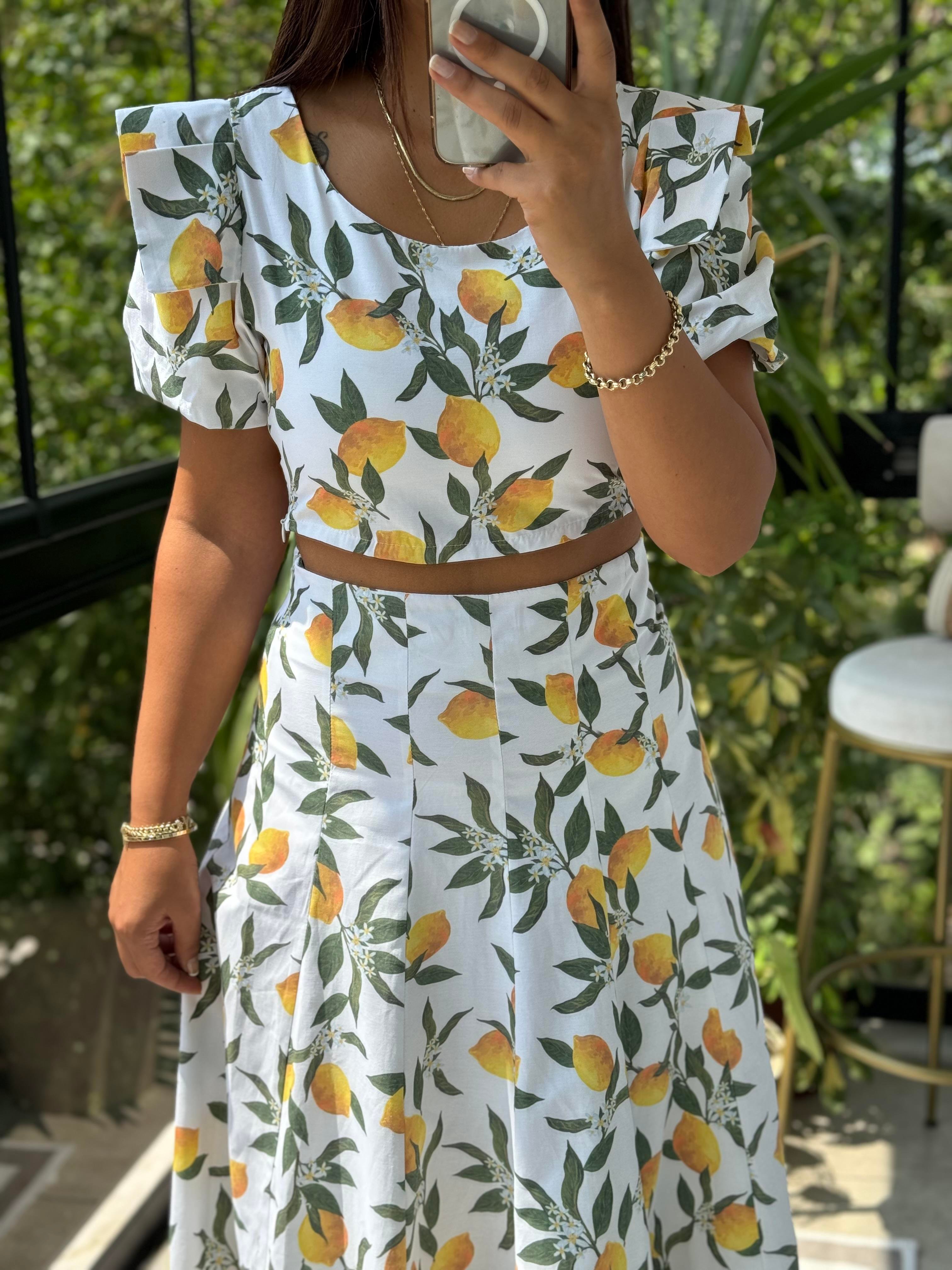 Limon Desenli Crop Etek Takım Beyaz