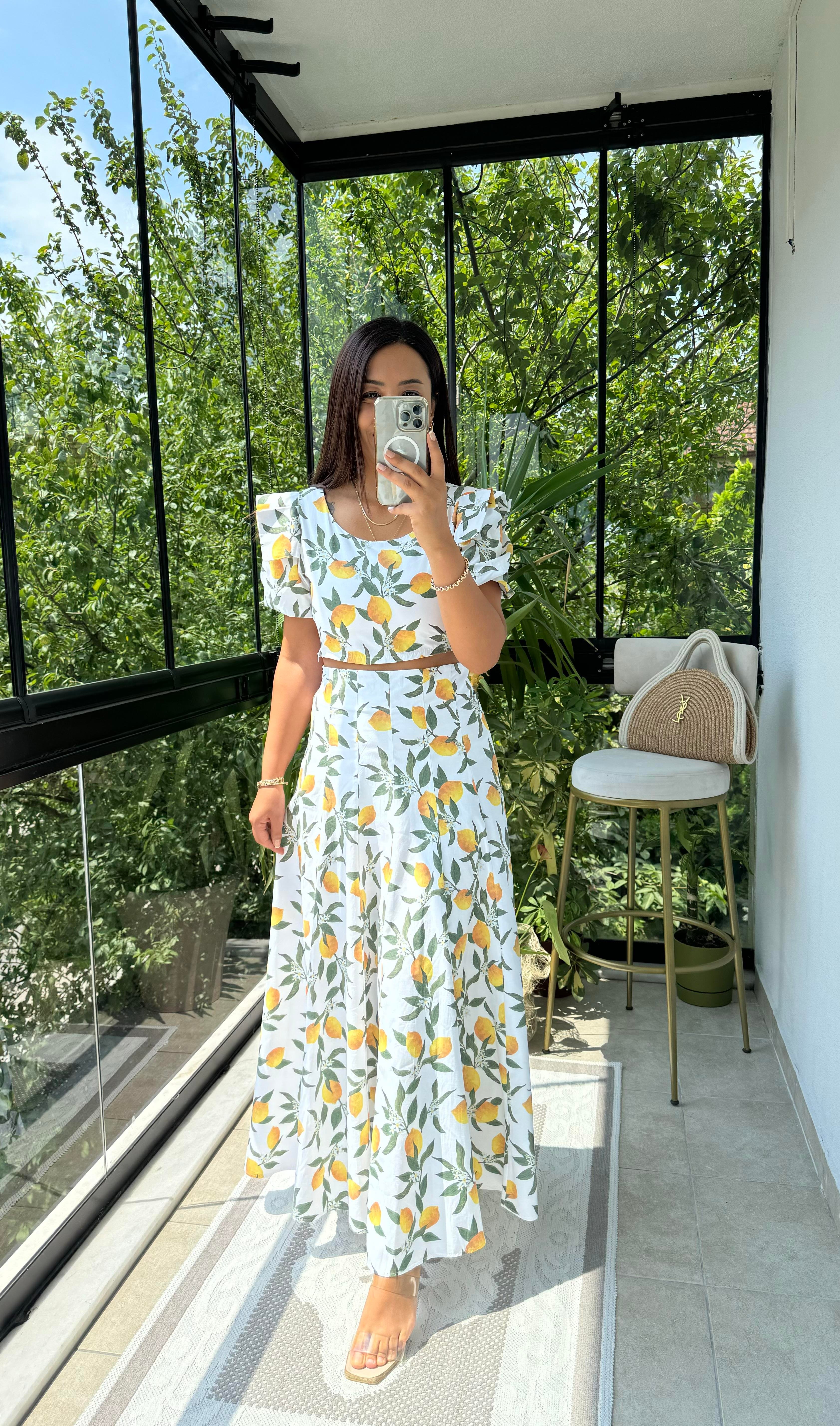 Limon Desenli Crop Etek Takım Beyaz