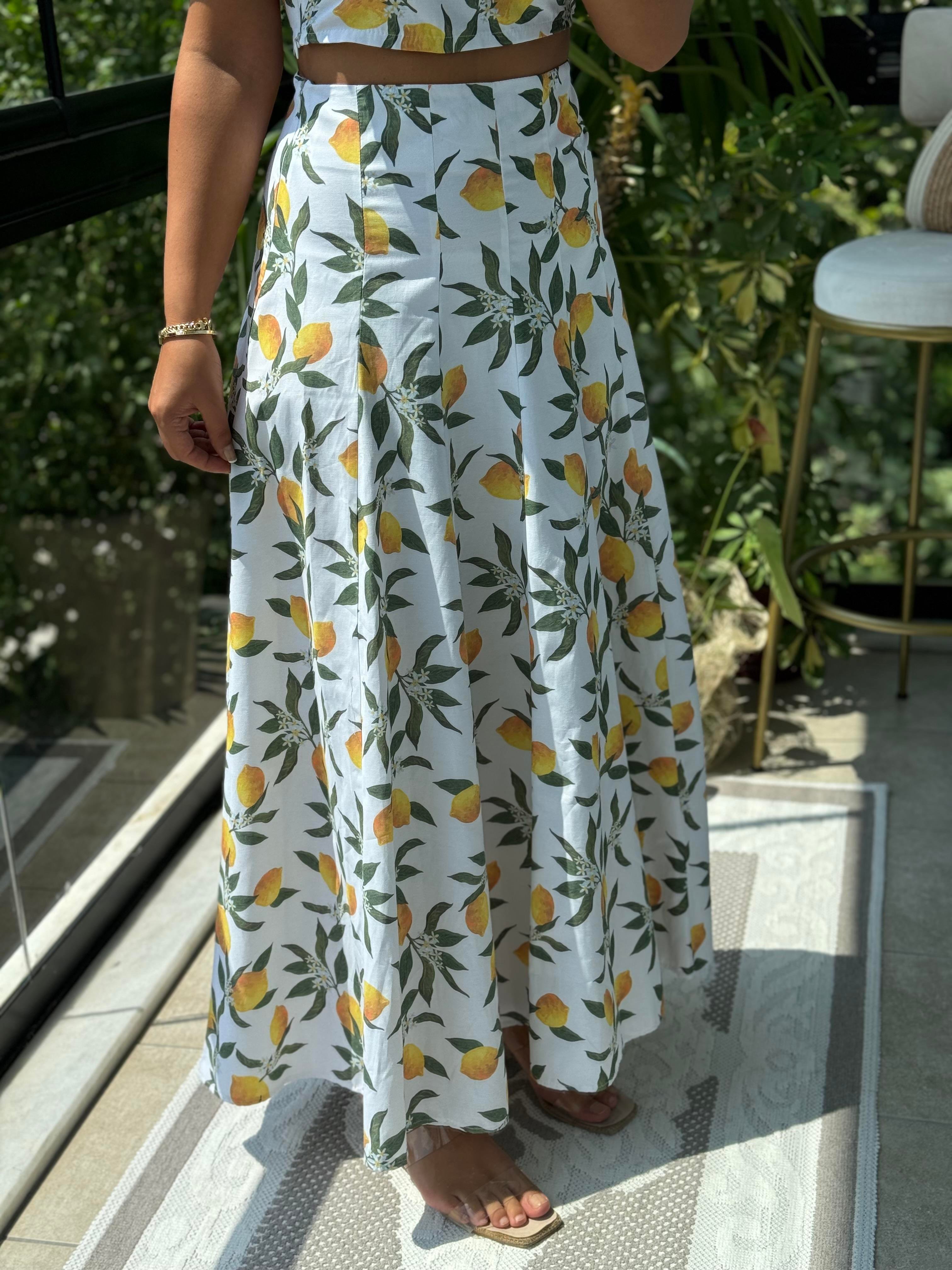 Limon Desenli Crop Etek Takım Beyaz