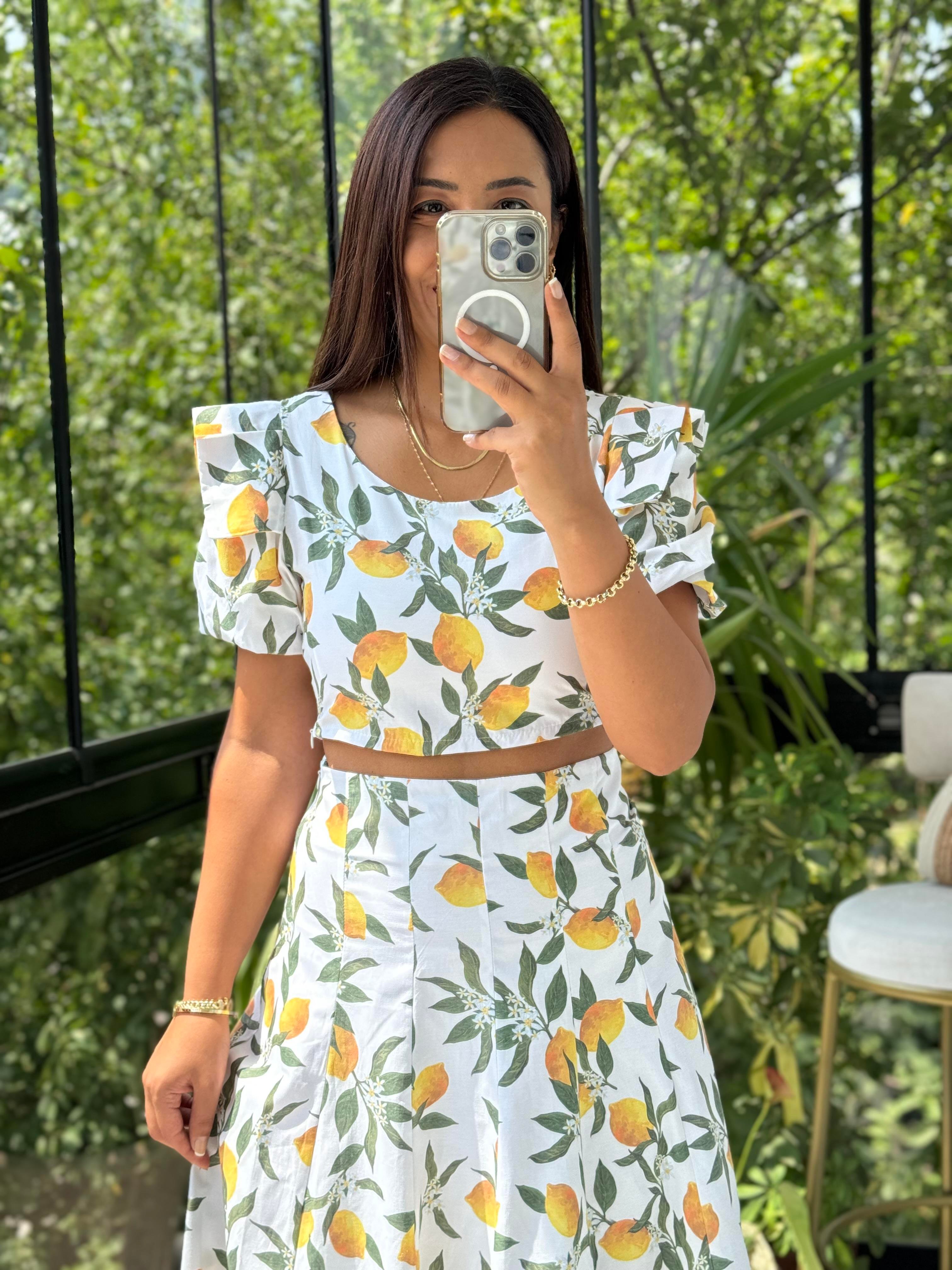 Limon Desenli Crop Etek Takım Beyaz