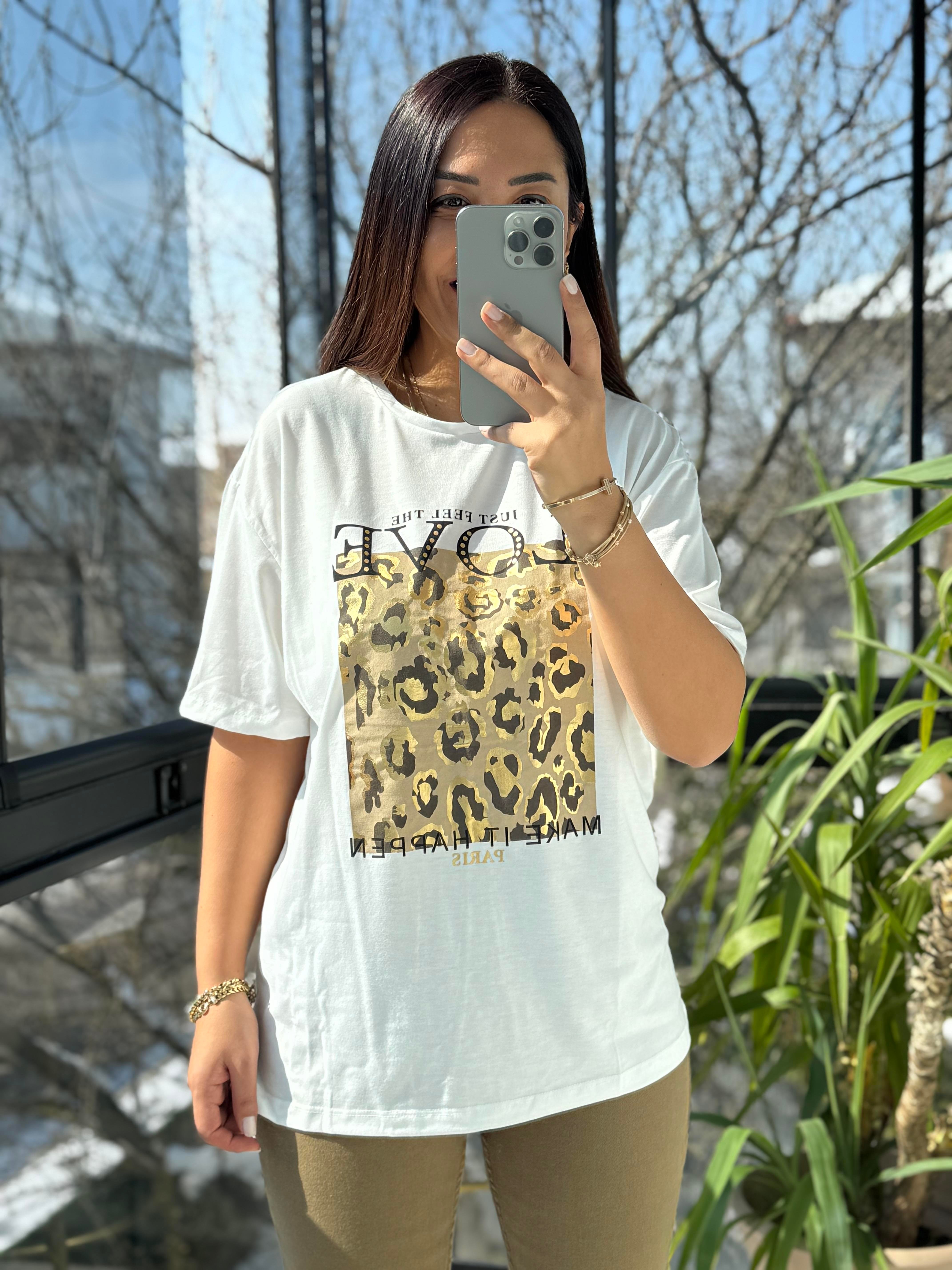 Love Leopar Desenli Tişört Beyaz