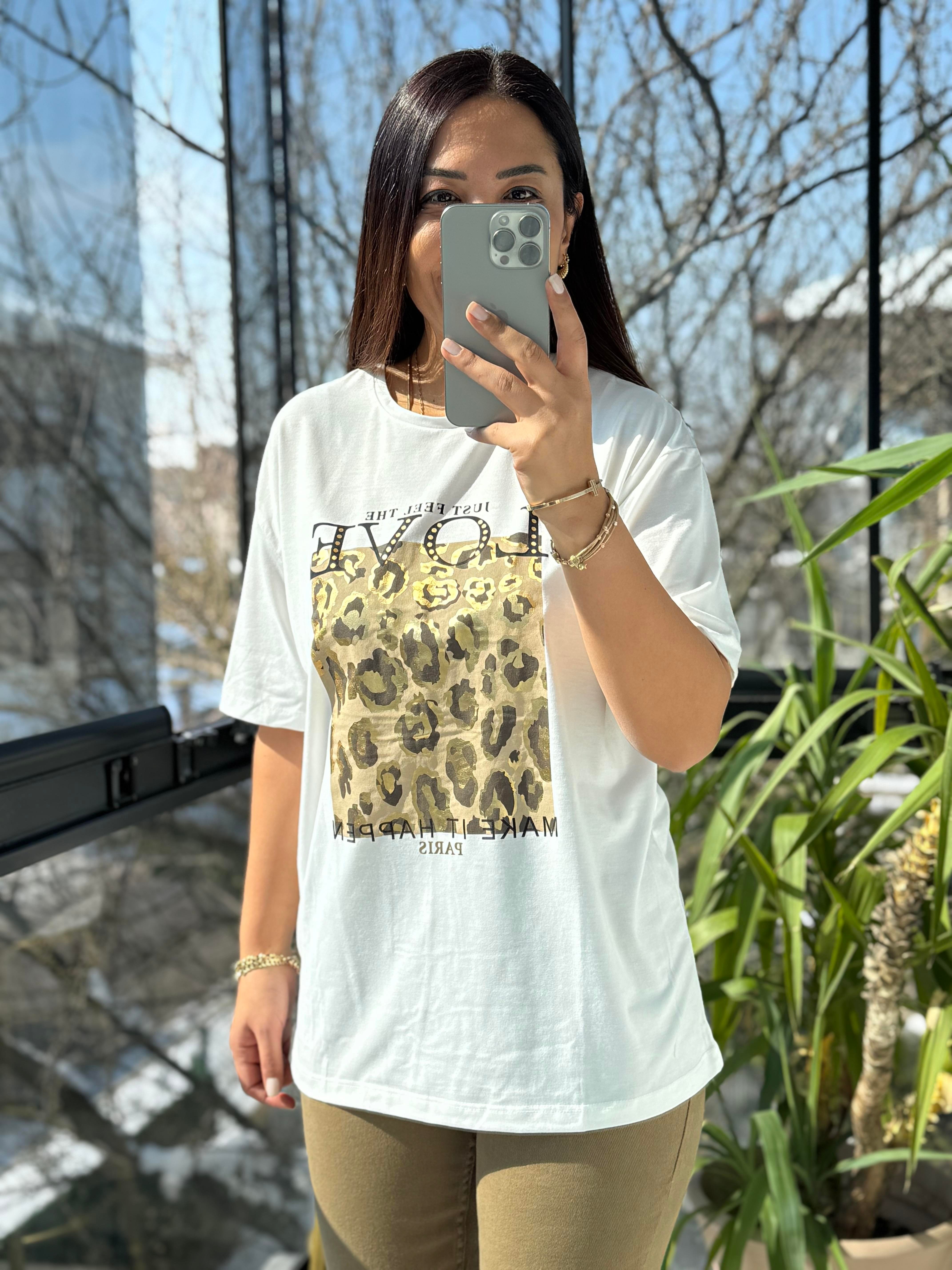 Love Leopar Desenli Tişört Beyaz