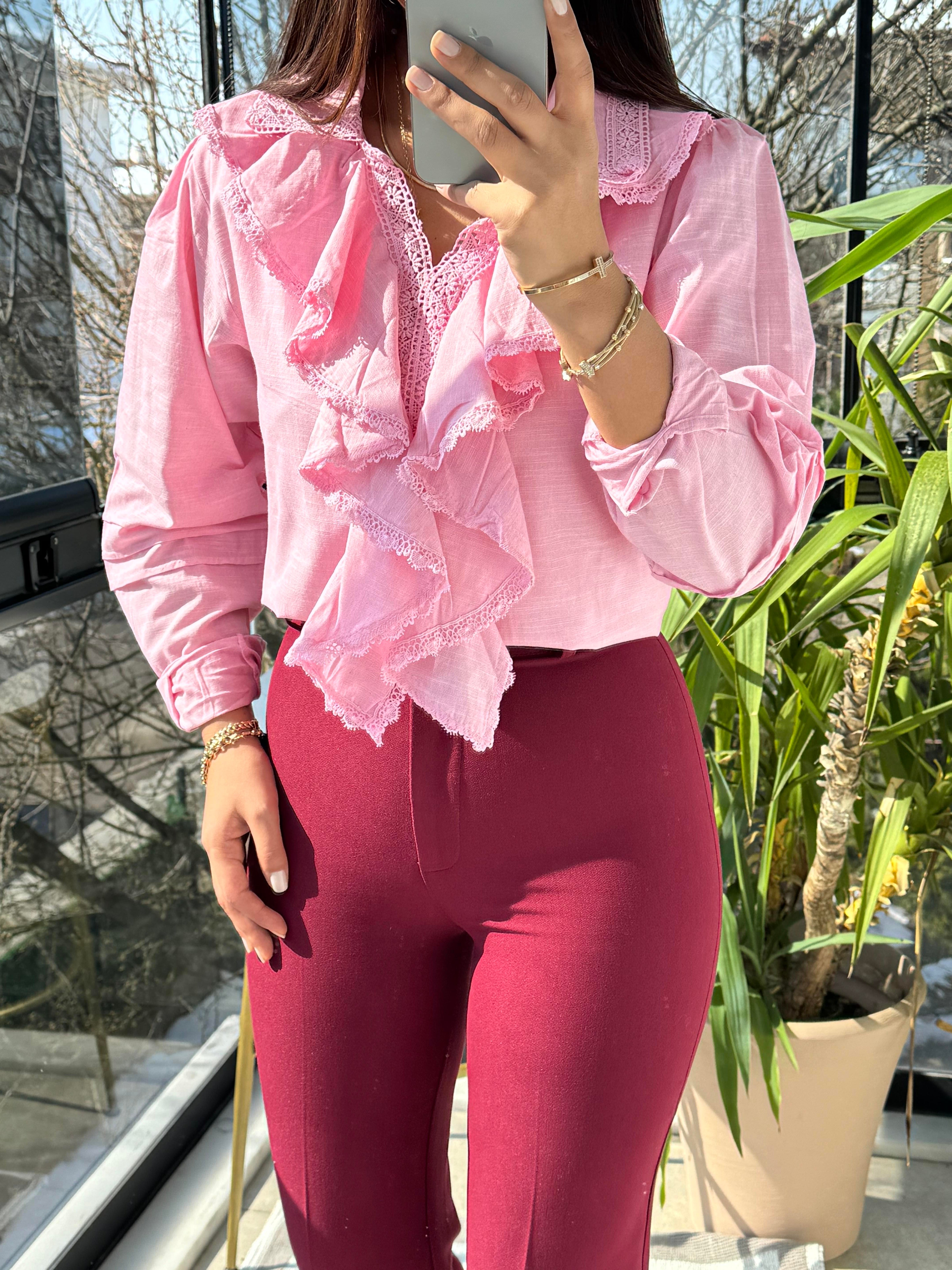 Matmazel Fırfır Yaka Dantelli Gömlek Pembe
