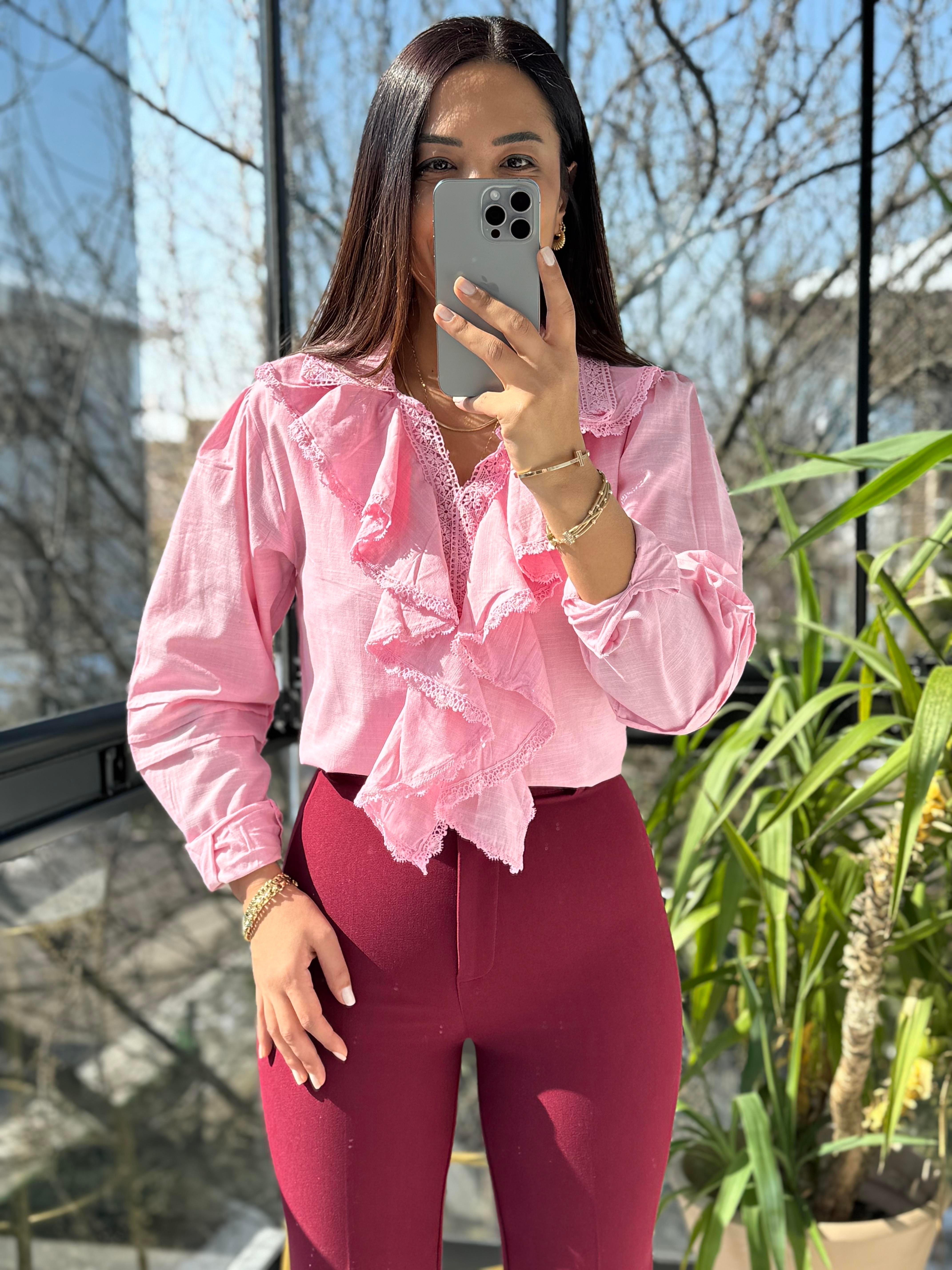 Matmazel Fırfır Yaka Dantelli Gömlek Pembe