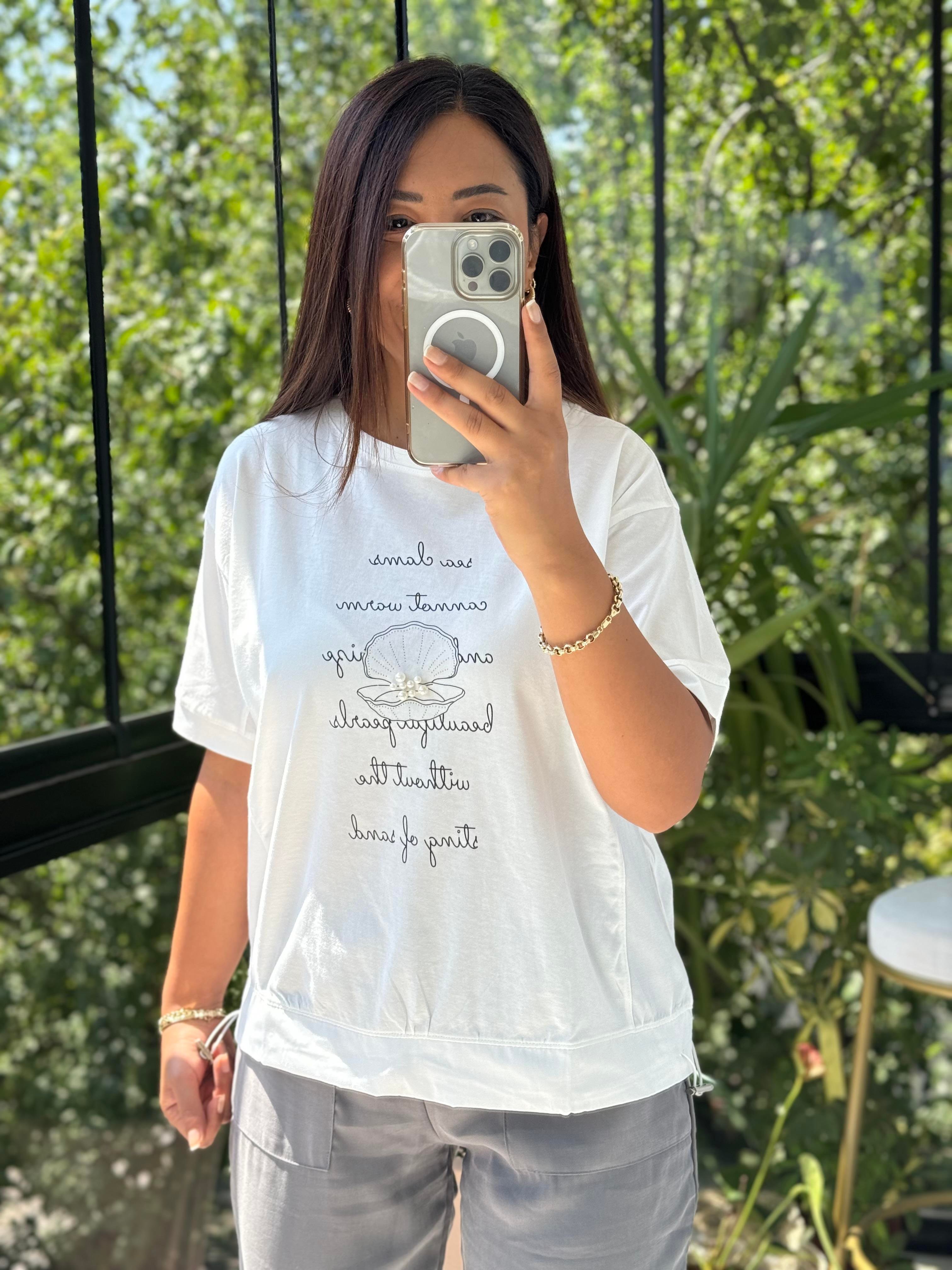 Midye İncili Tişört Beyaz