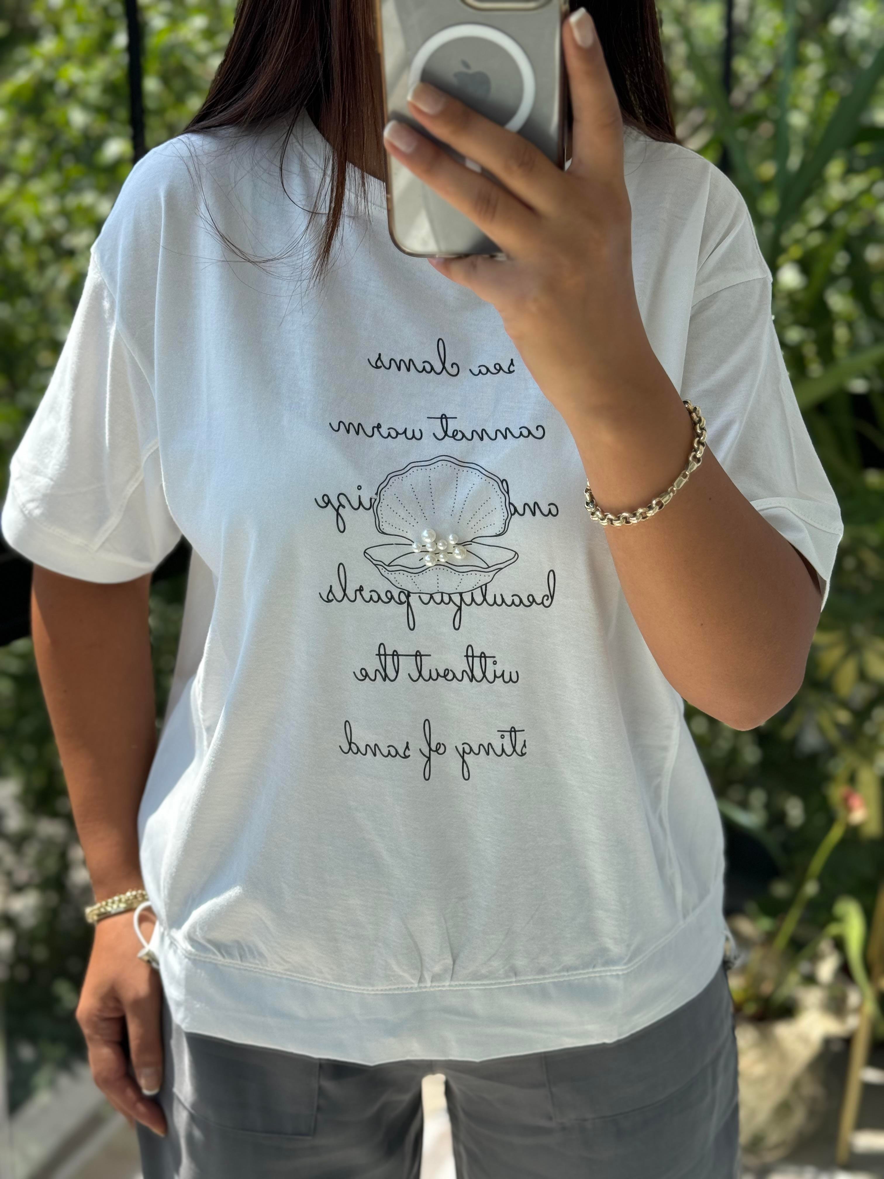 Midye İncili Tişört Beyaz