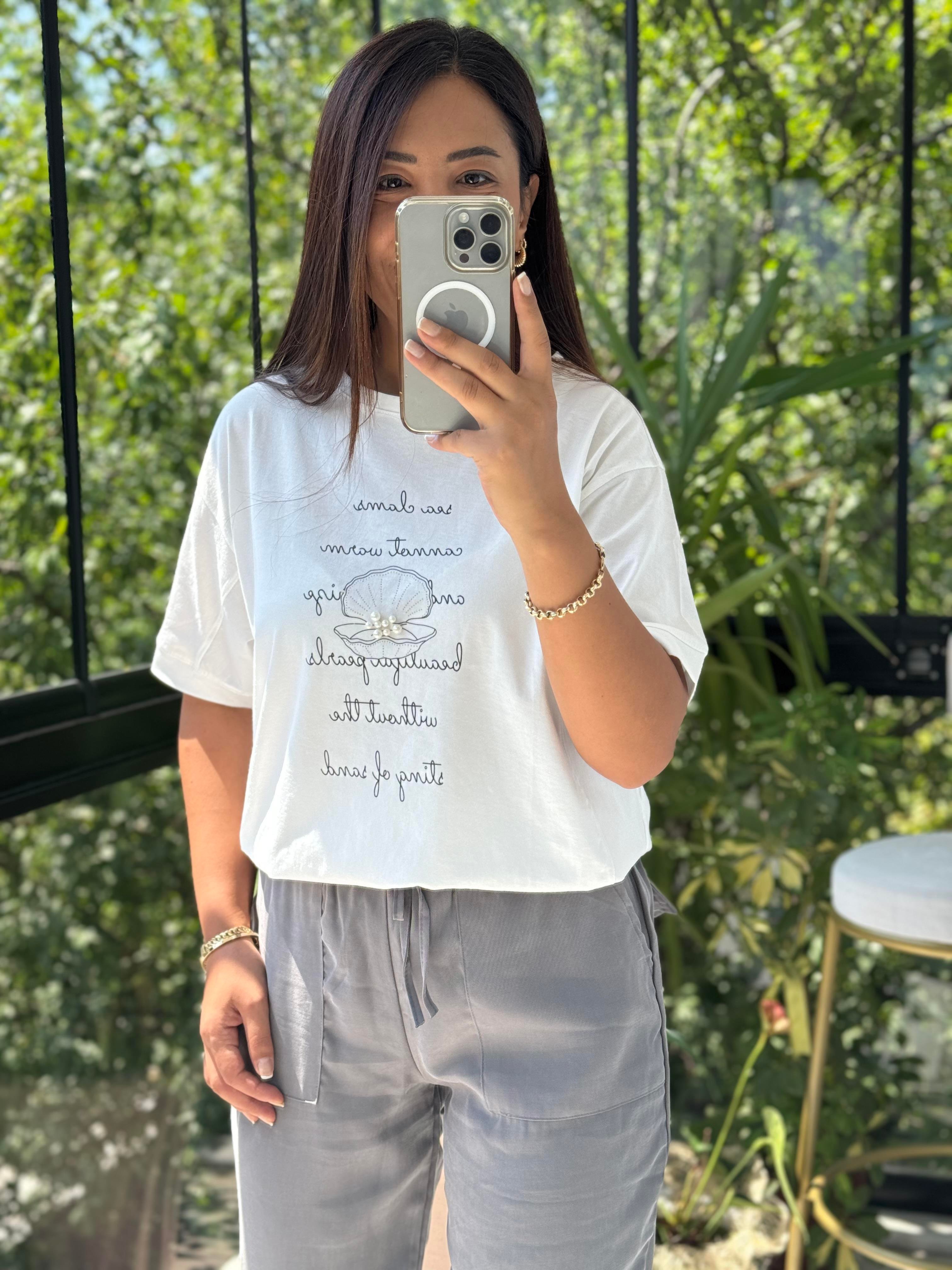 Midye İncili Tişört Beyaz