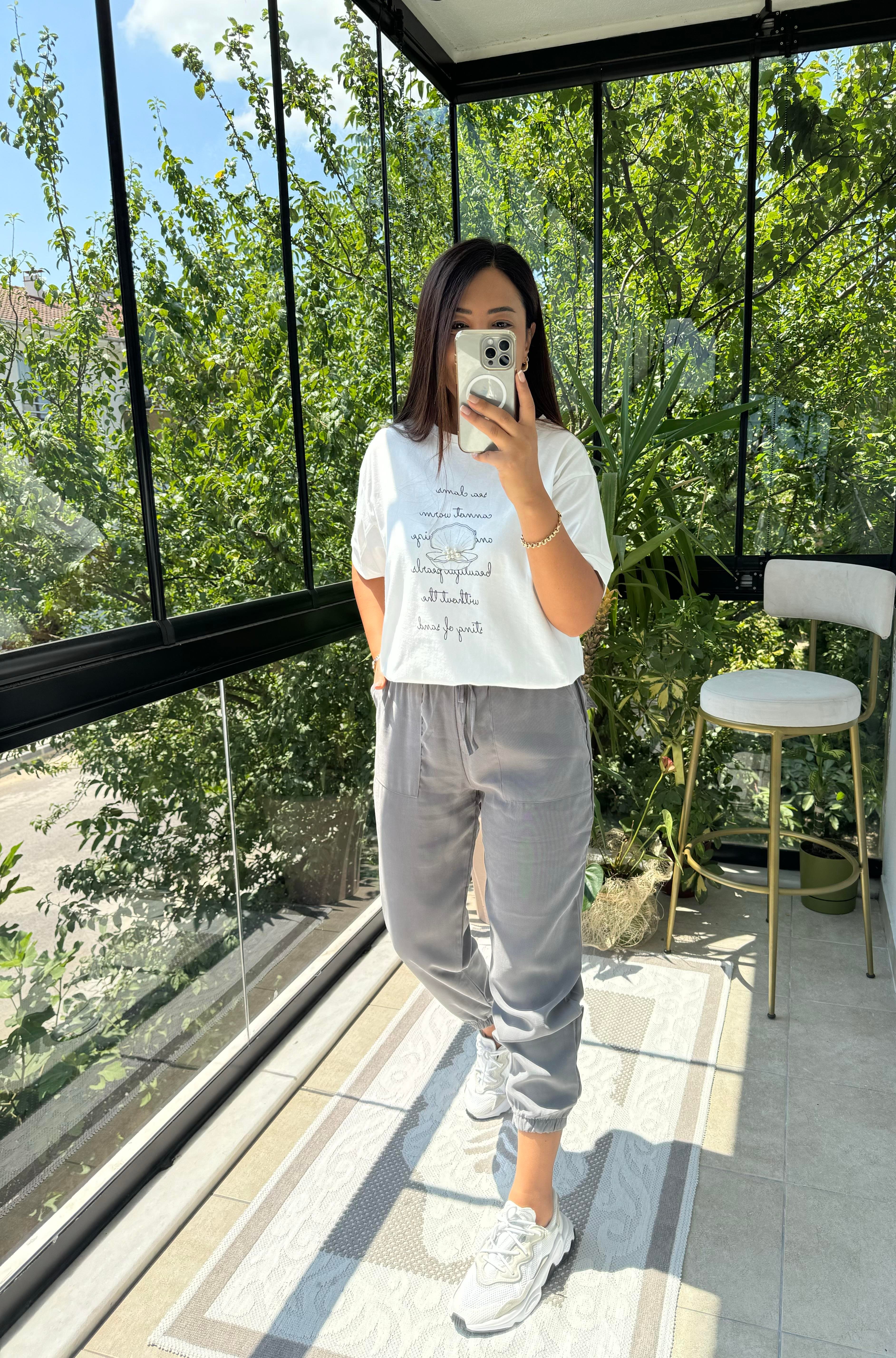 Midye İncili Tişört Beyaz