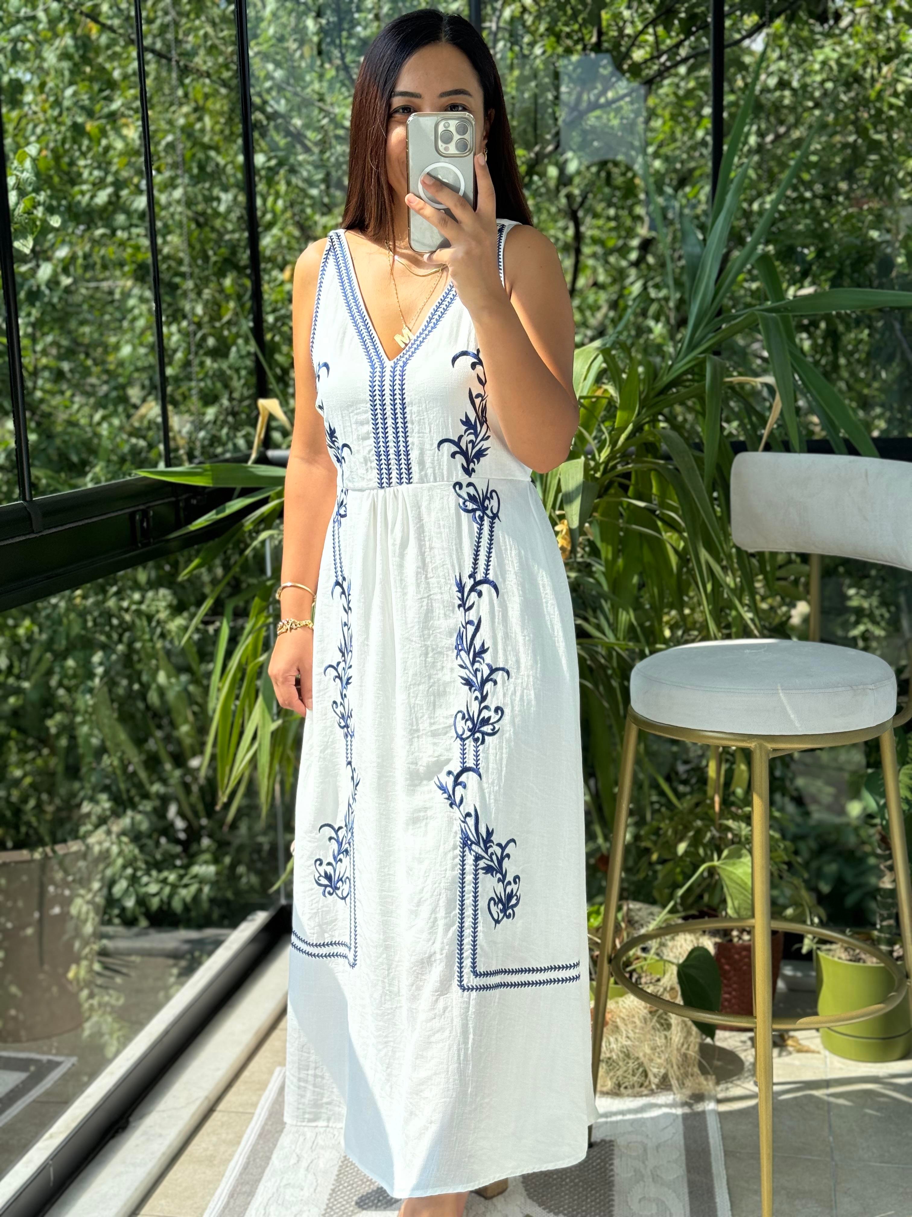 Nakışlı Askılı Elbise Lacivert