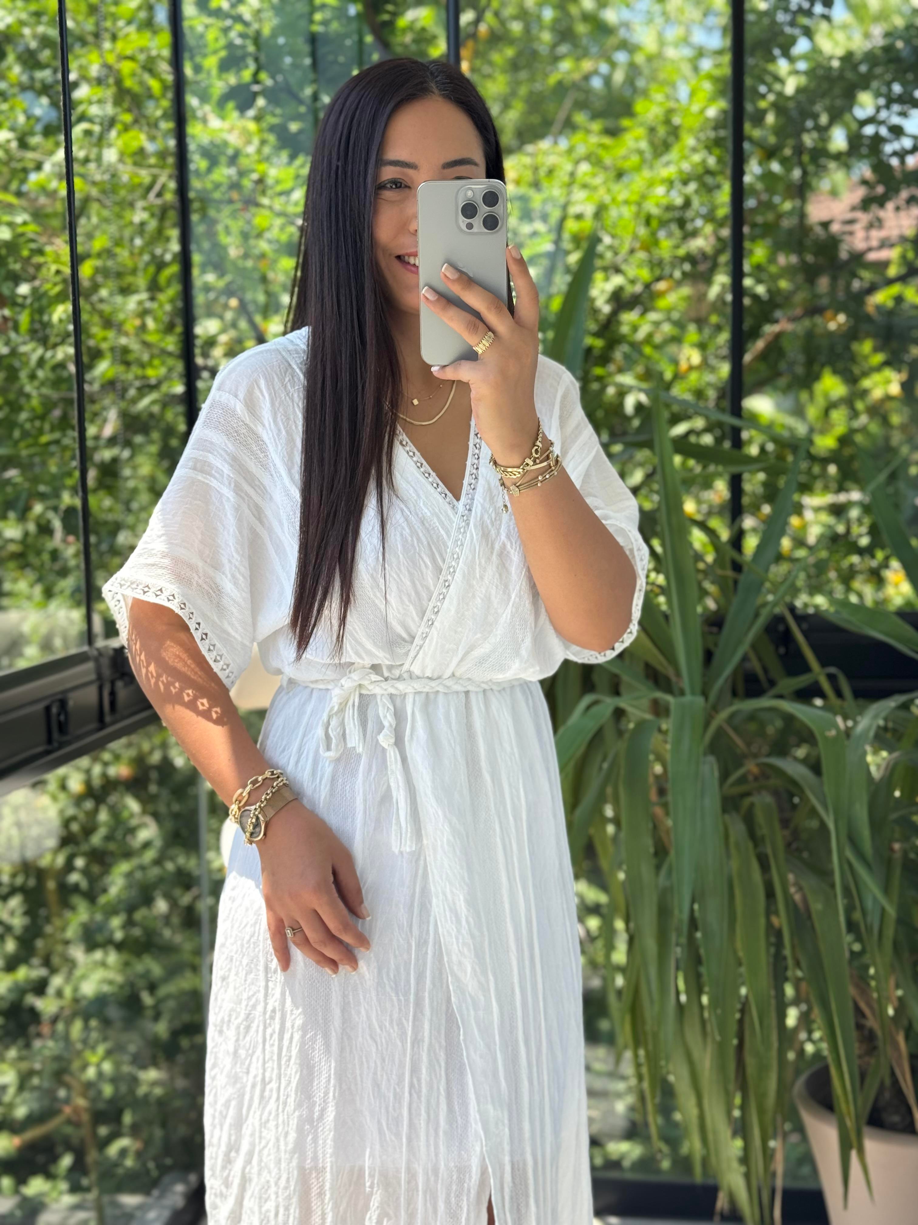 Nakışlı Kruvaze Elbise Beyaz