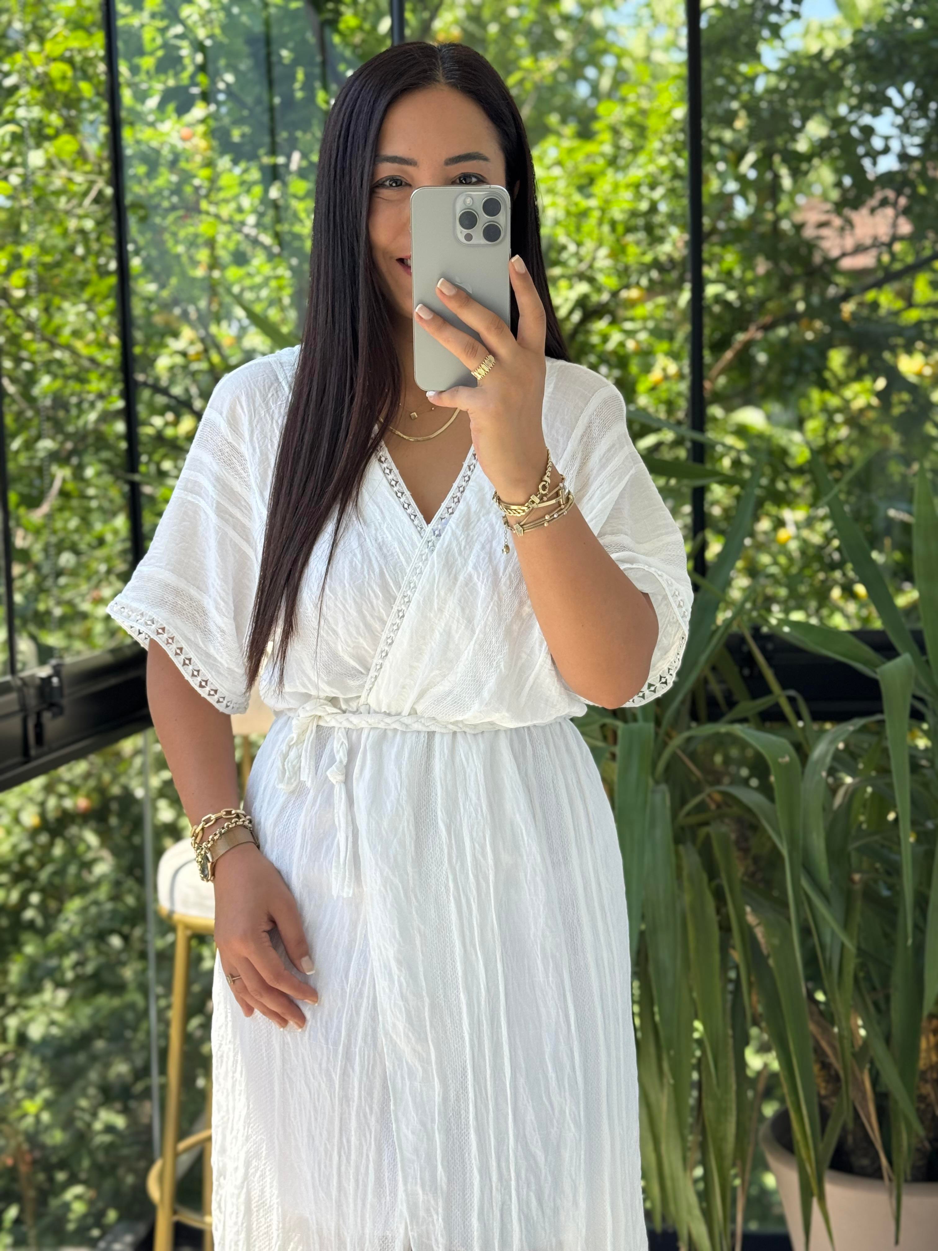 Nakışlı Kruvaze Elbise Beyaz