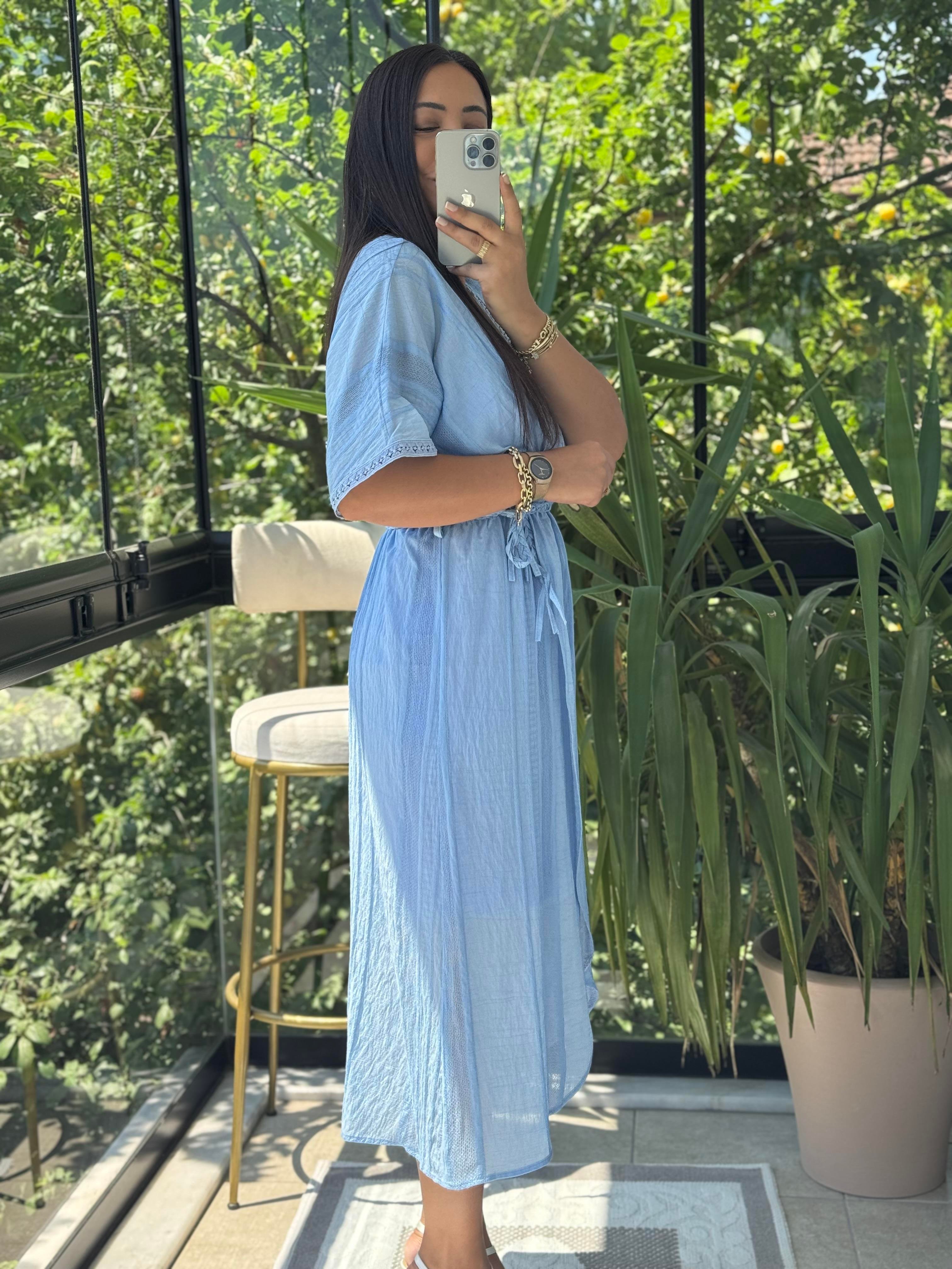 Nakışlı Kruvaze Elbise Mavi