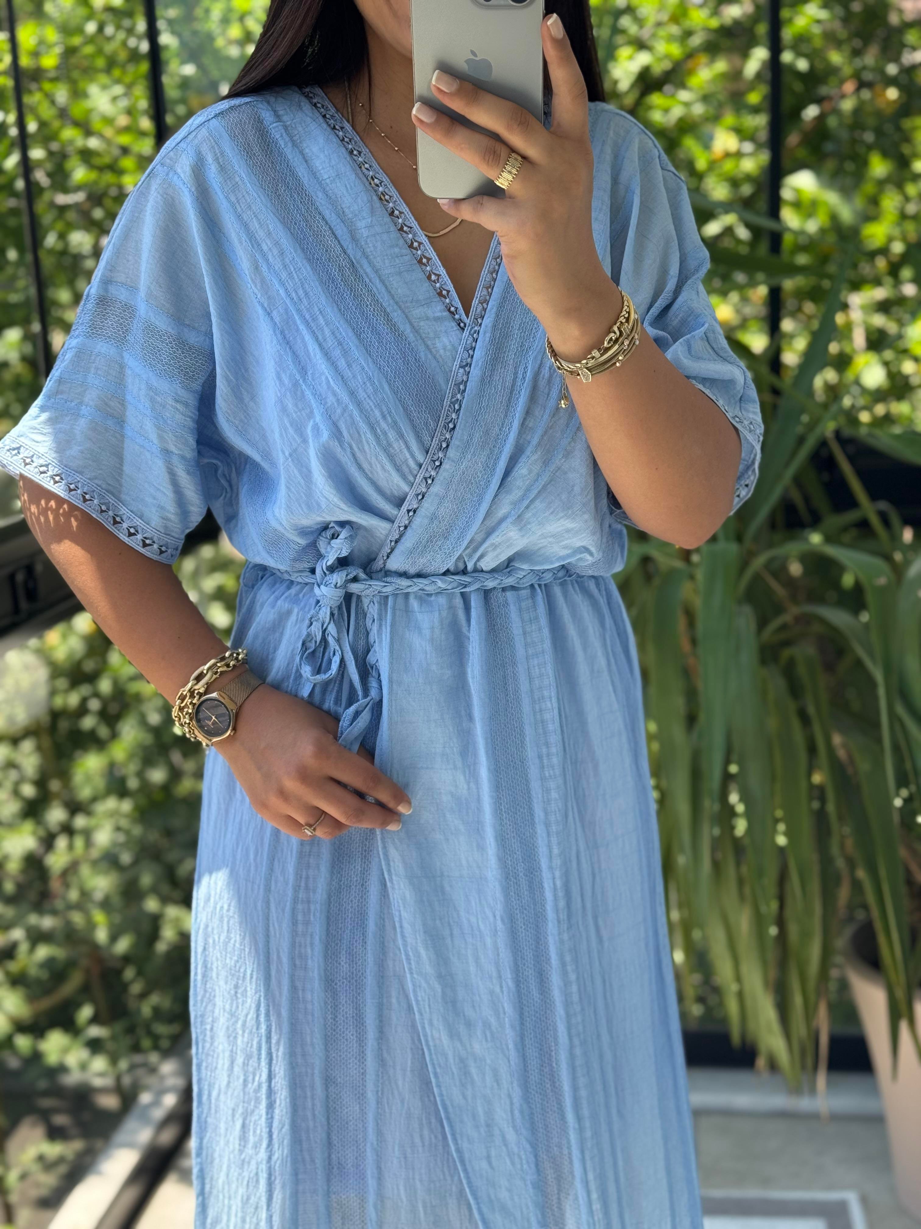 Nakışlı Kruvaze Elbise Mavi