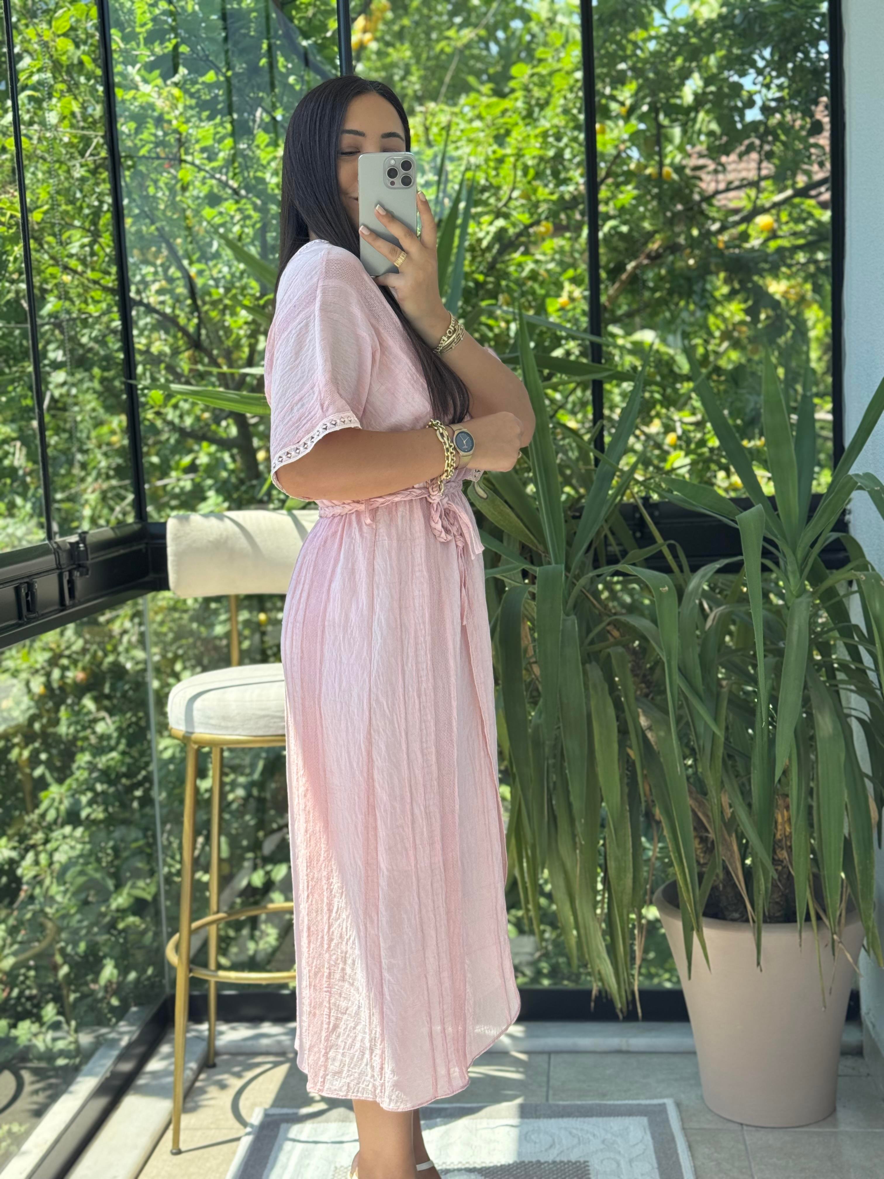 Nakışlı Kruvaze Elbise Pembe