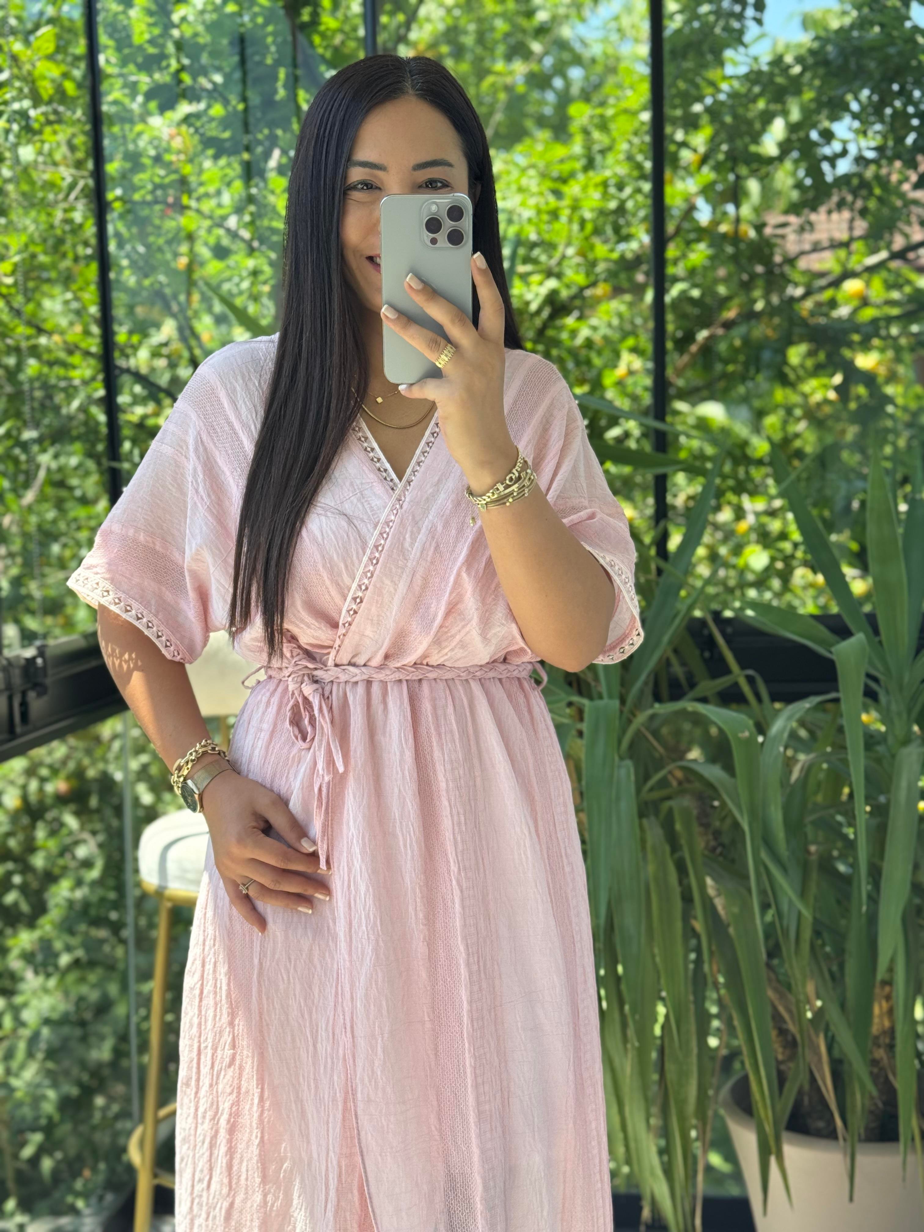 Nakışlı Kruvaze Elbise Pembe