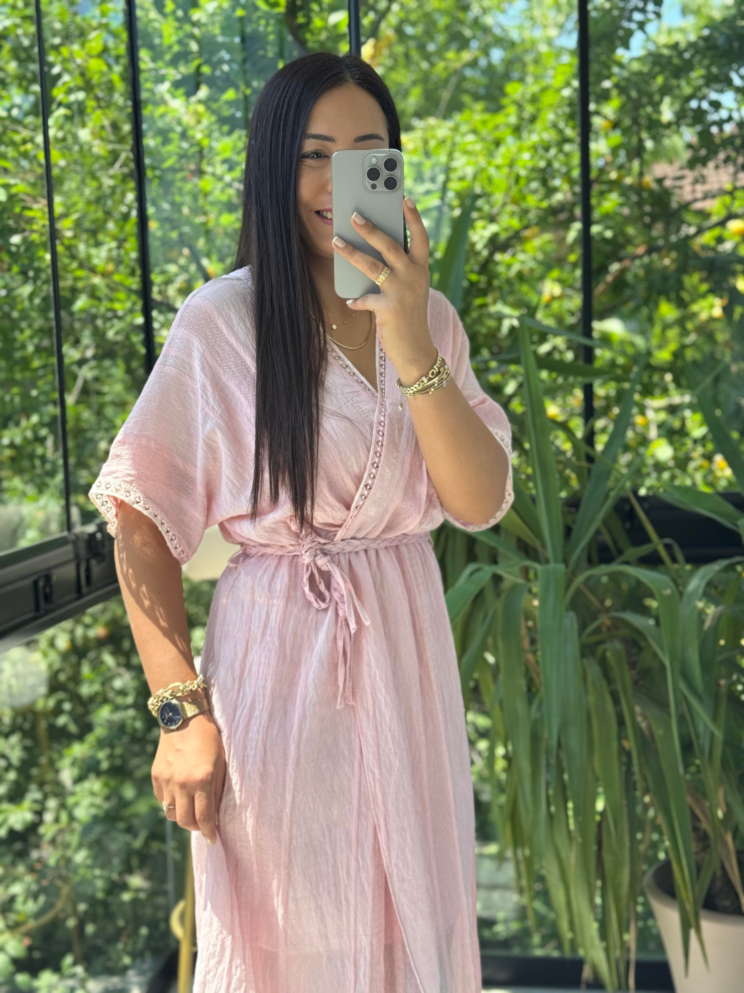 Nakışlı Kruvaze Elbise Pembe