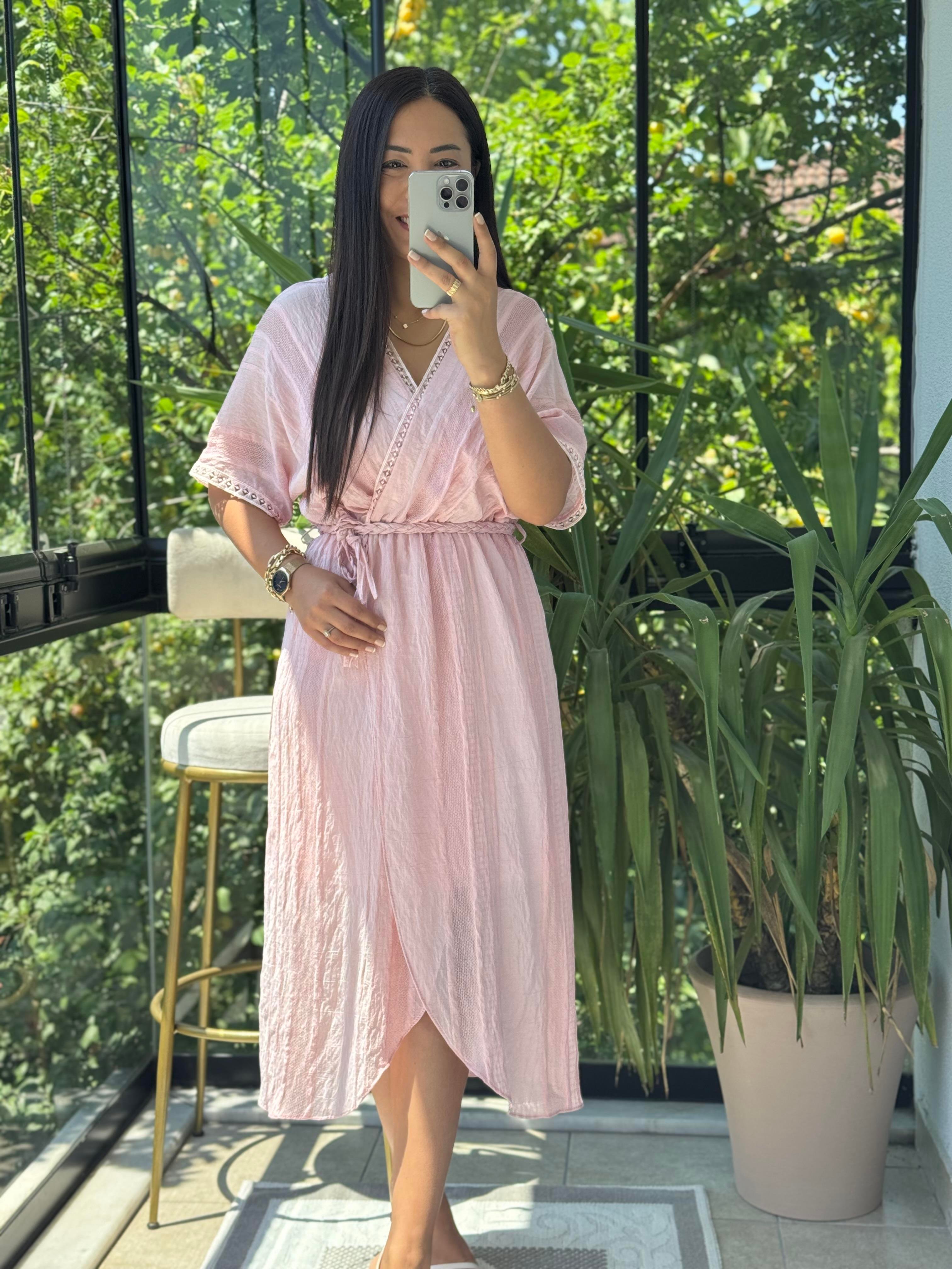 Nakışlı Kruvaze Elbise Pembe