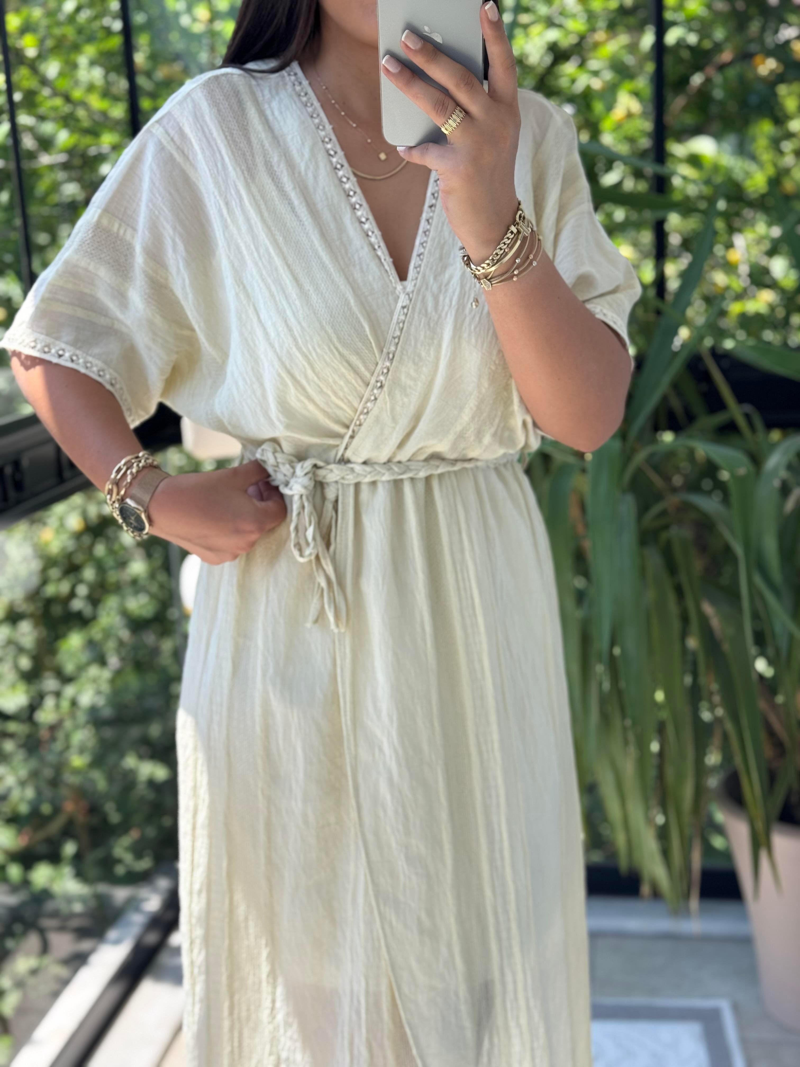 Nakışlı Kruvaze Elbise Sarı