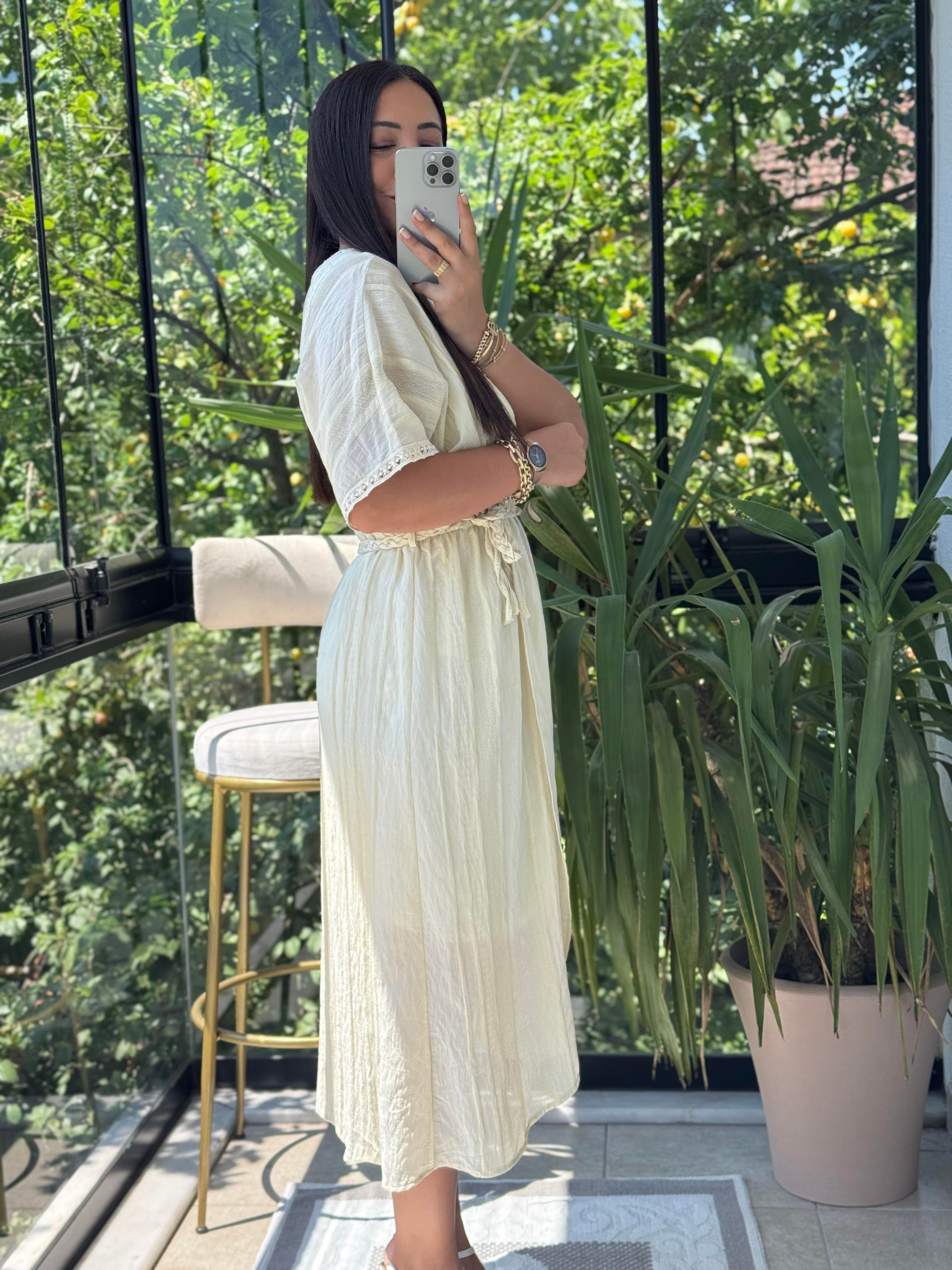 Nakışlı Kruvaze Elbise Sarı