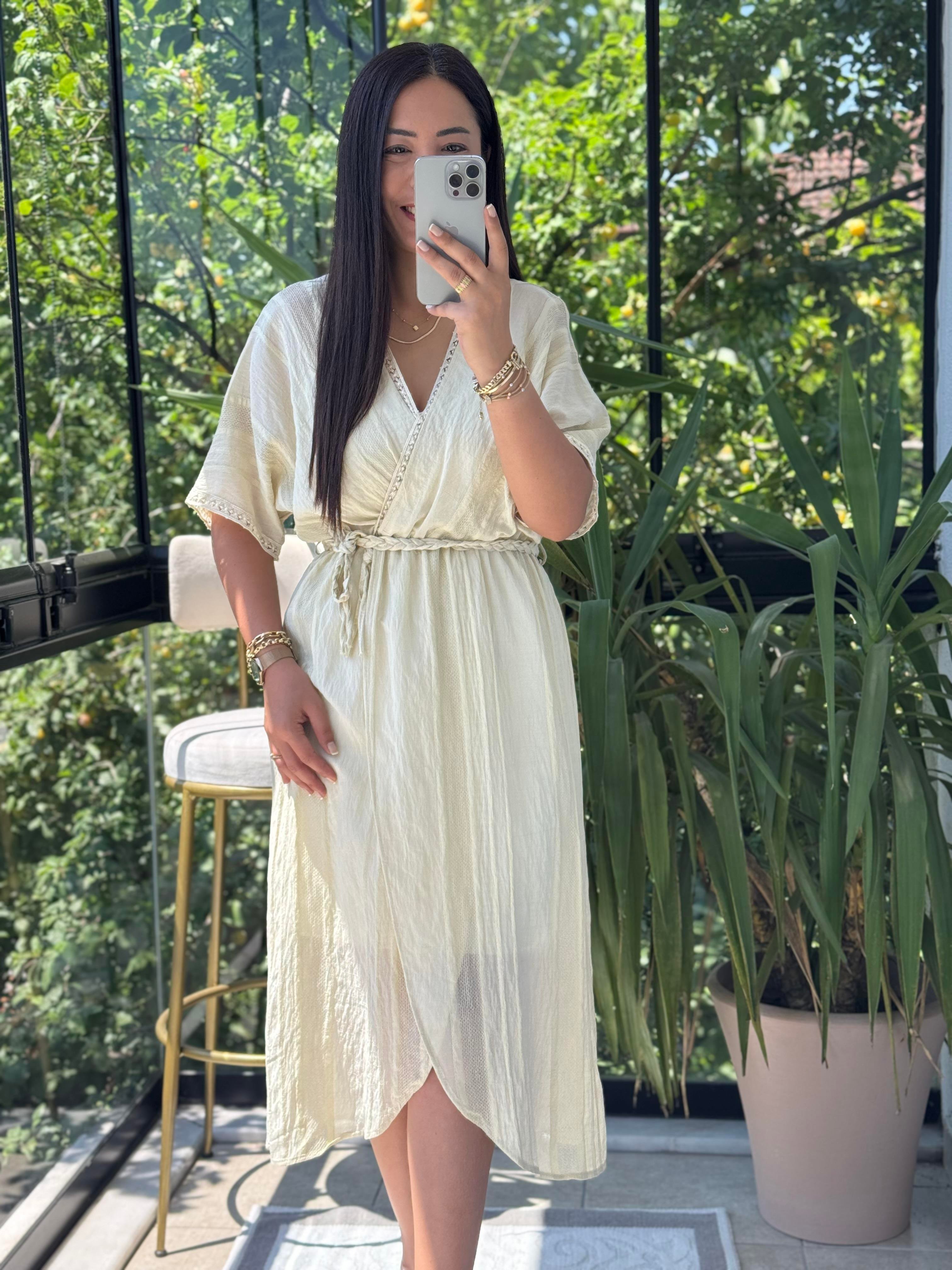 Nakışlı Kruvaze Elbise Sarı