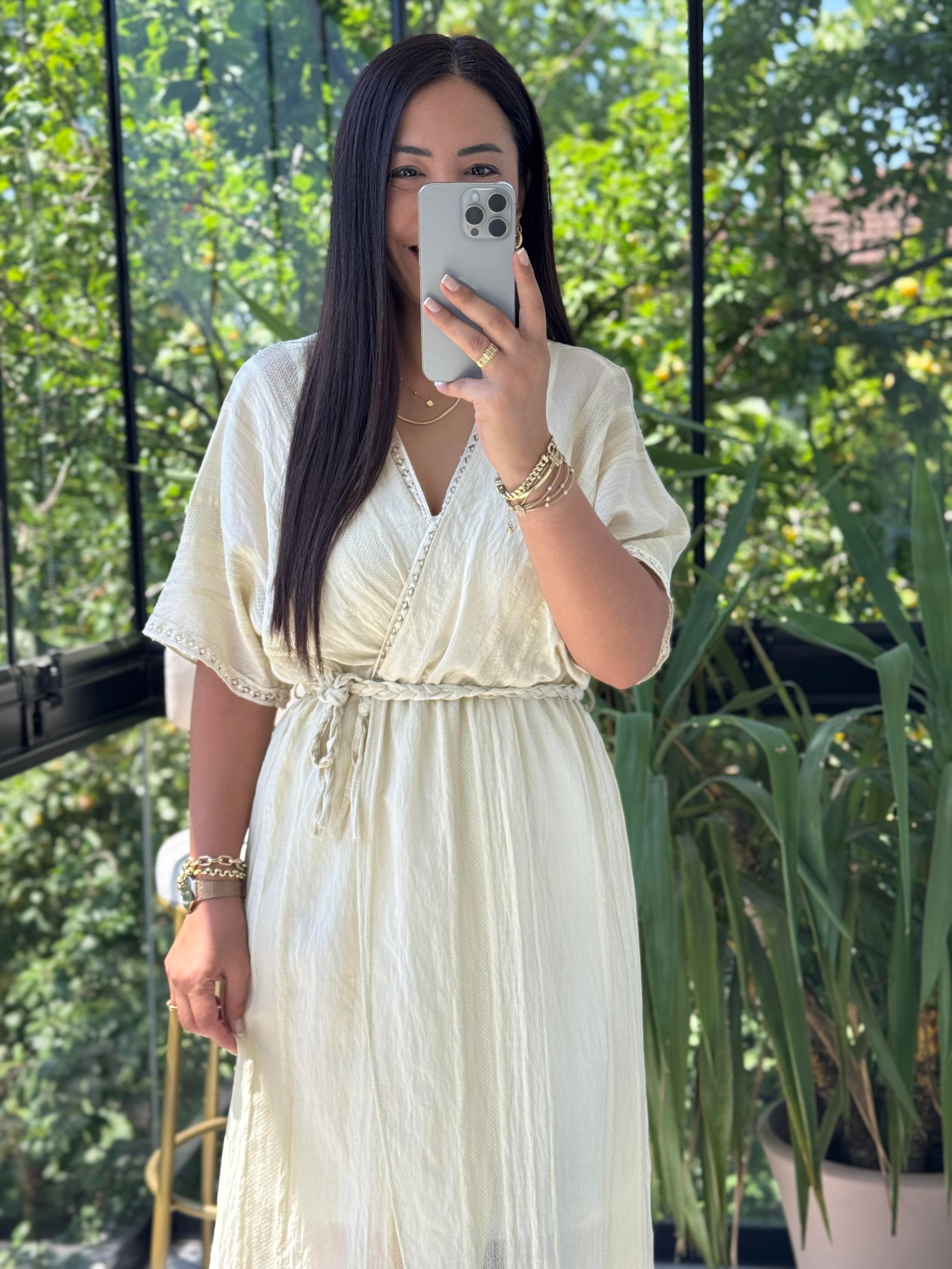 Nakışlı Kruvaze Elbise Sarı