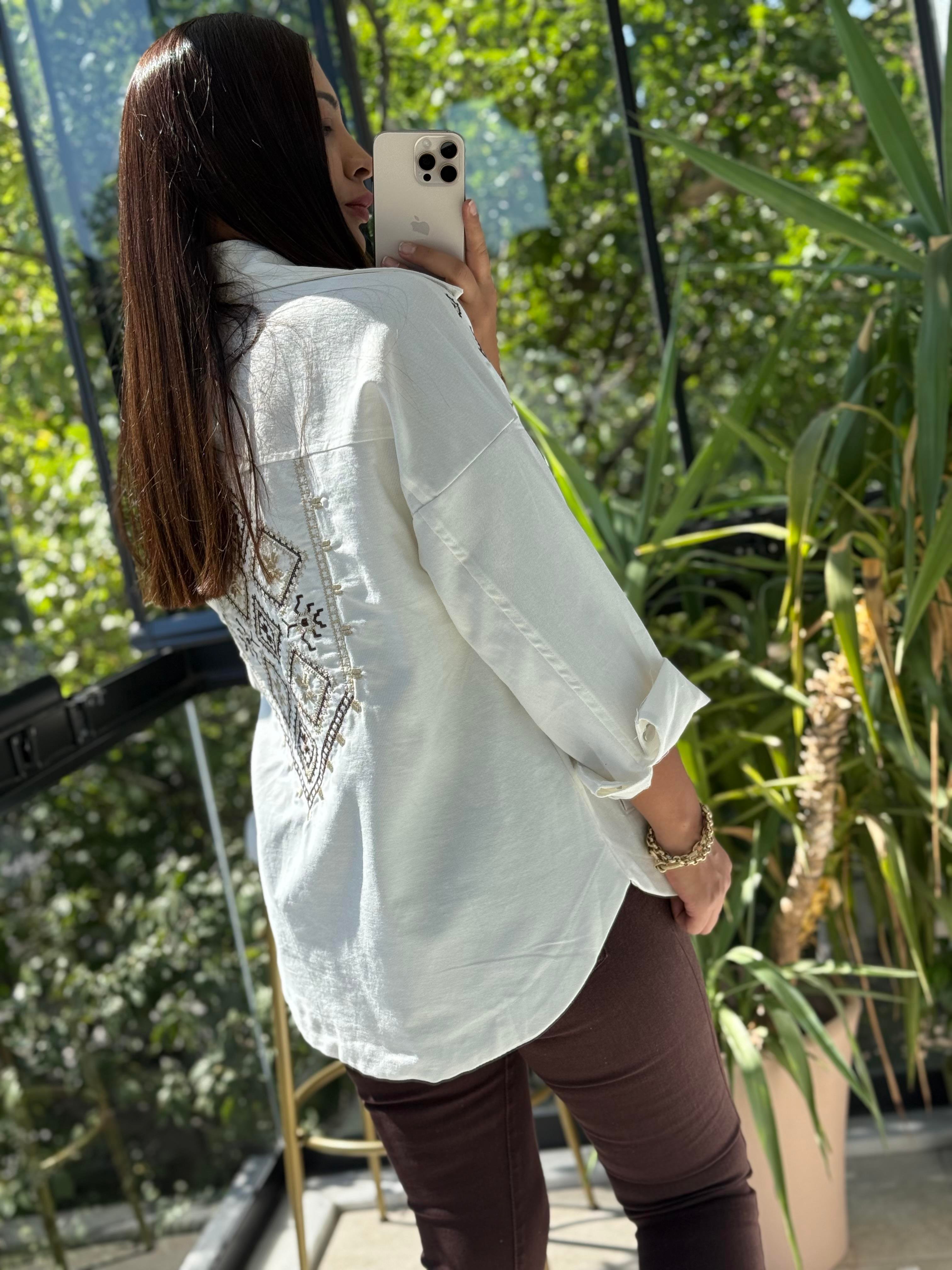 Omuz İşlemeli Gabardin Ceket Beyaz