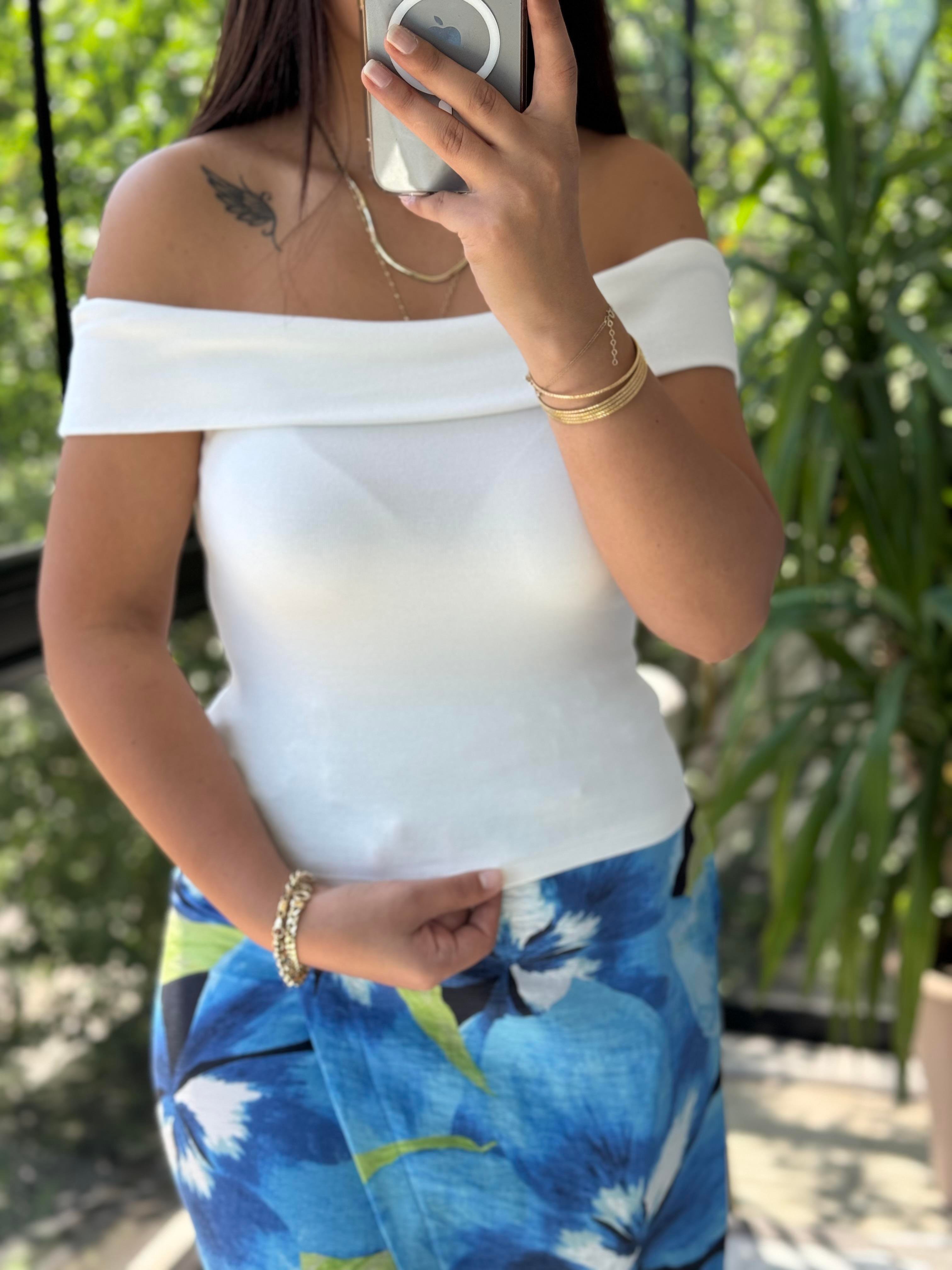 Omuzları Açık Crop Top Ekru