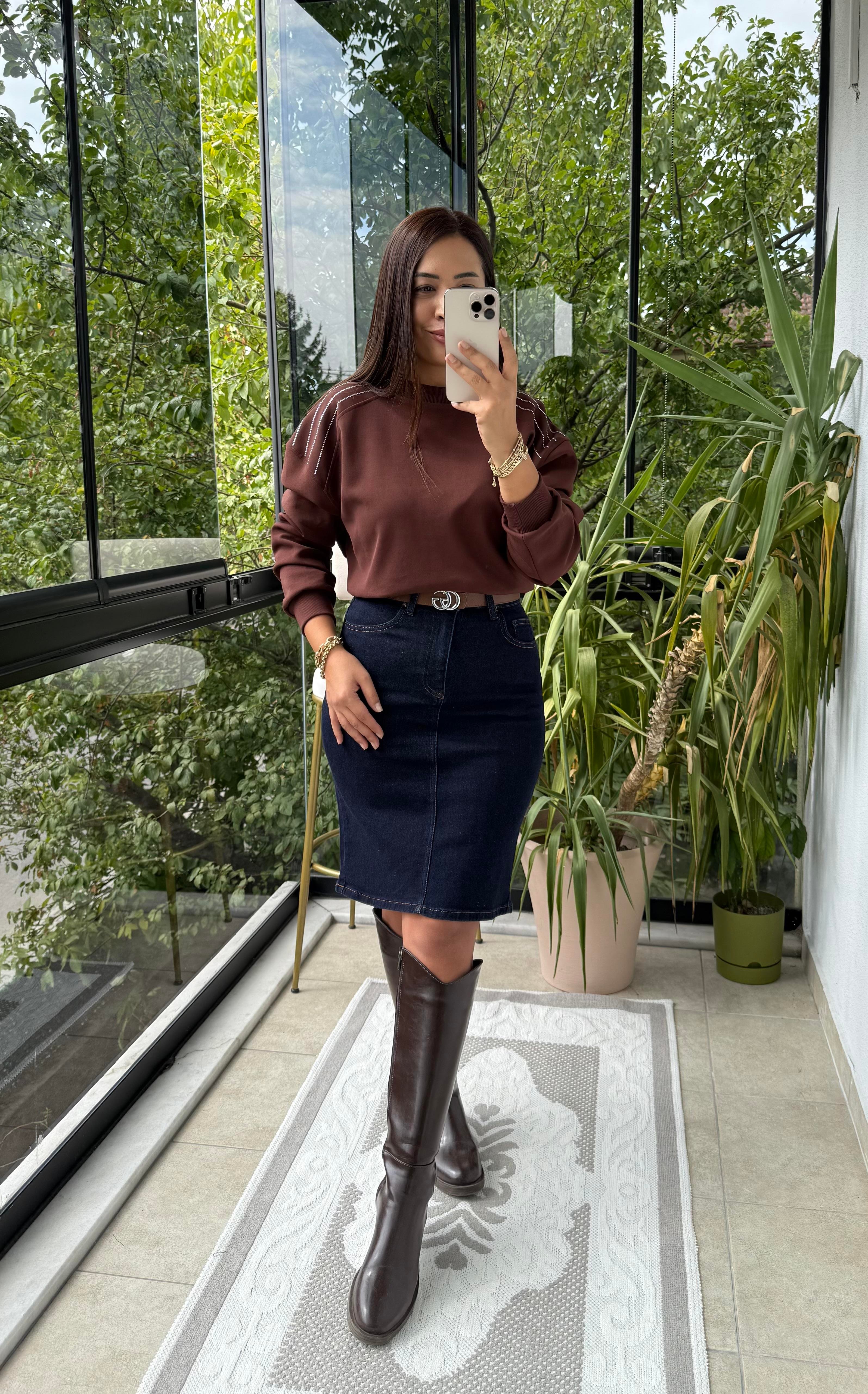 Omzu Sıra Taşlı Sweatshirt Kahve