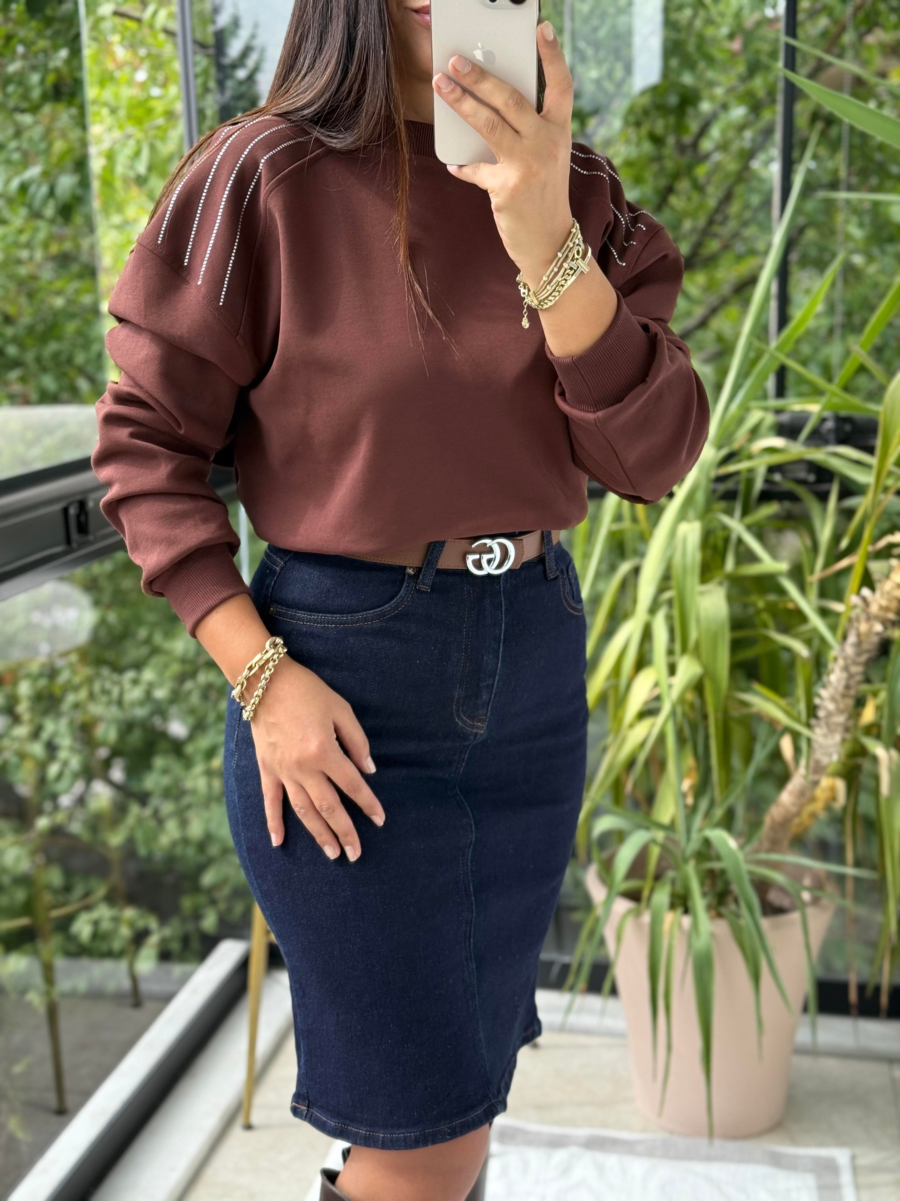 Omzu Sıra Taşlı Sweatshirt Kahve