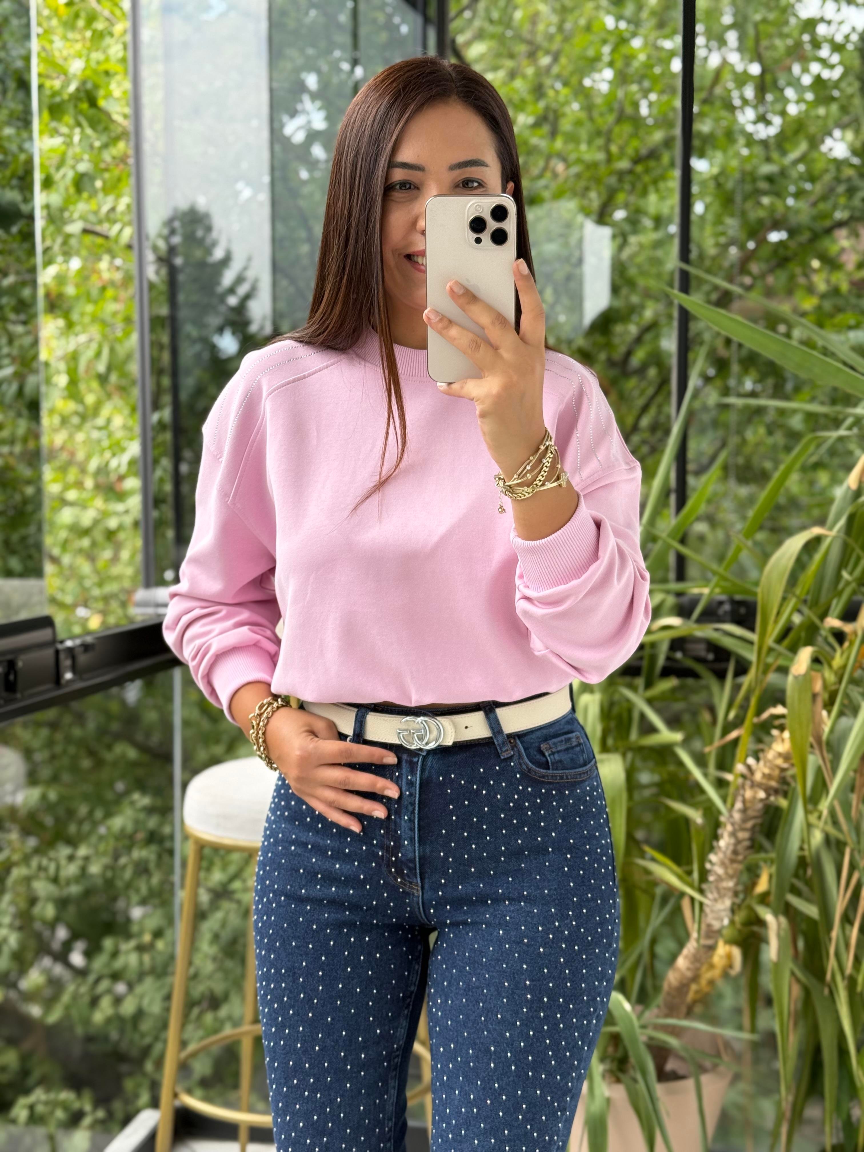 Omzu Sıra Taşlı Sweatshirt Pembe