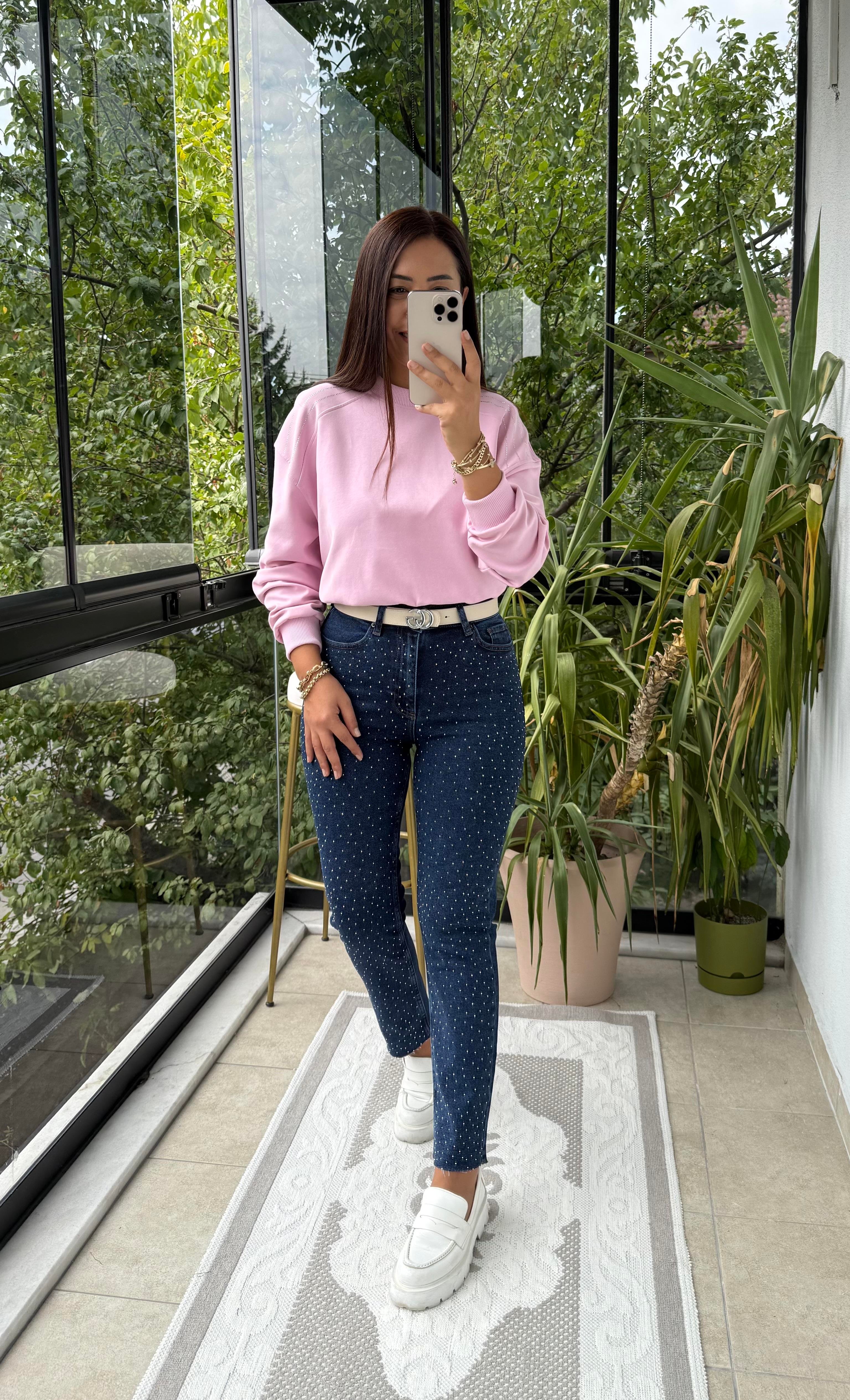 Omzu Sıra Taşlı Sweatshirt Pembe