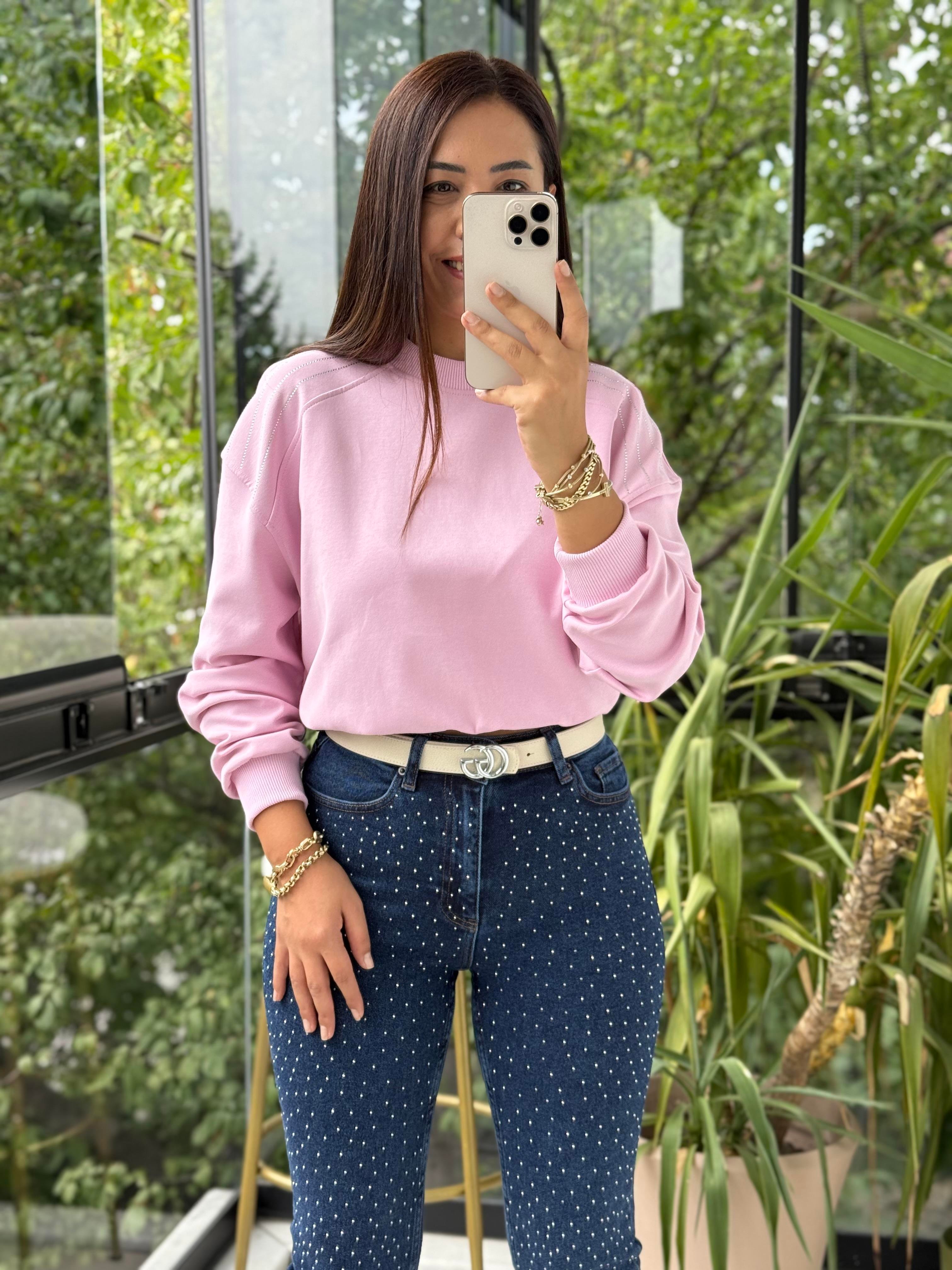 Omzu Sıra Taşlı Sweatshirt Pembe